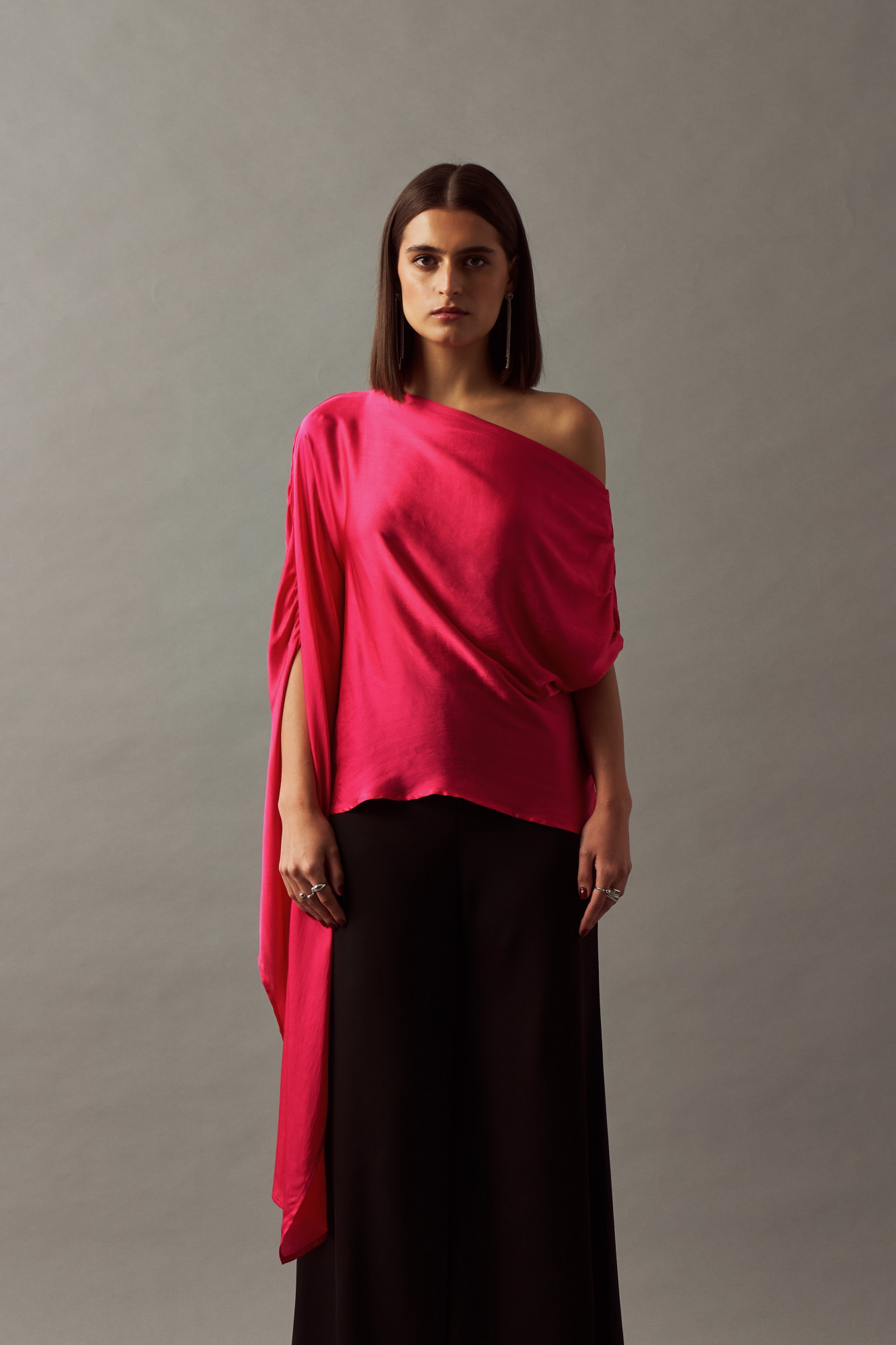 LEILA 02 SOLID FUSCHIA VISCOSE SATIN FABRIC OFF SHOULDER TOP
