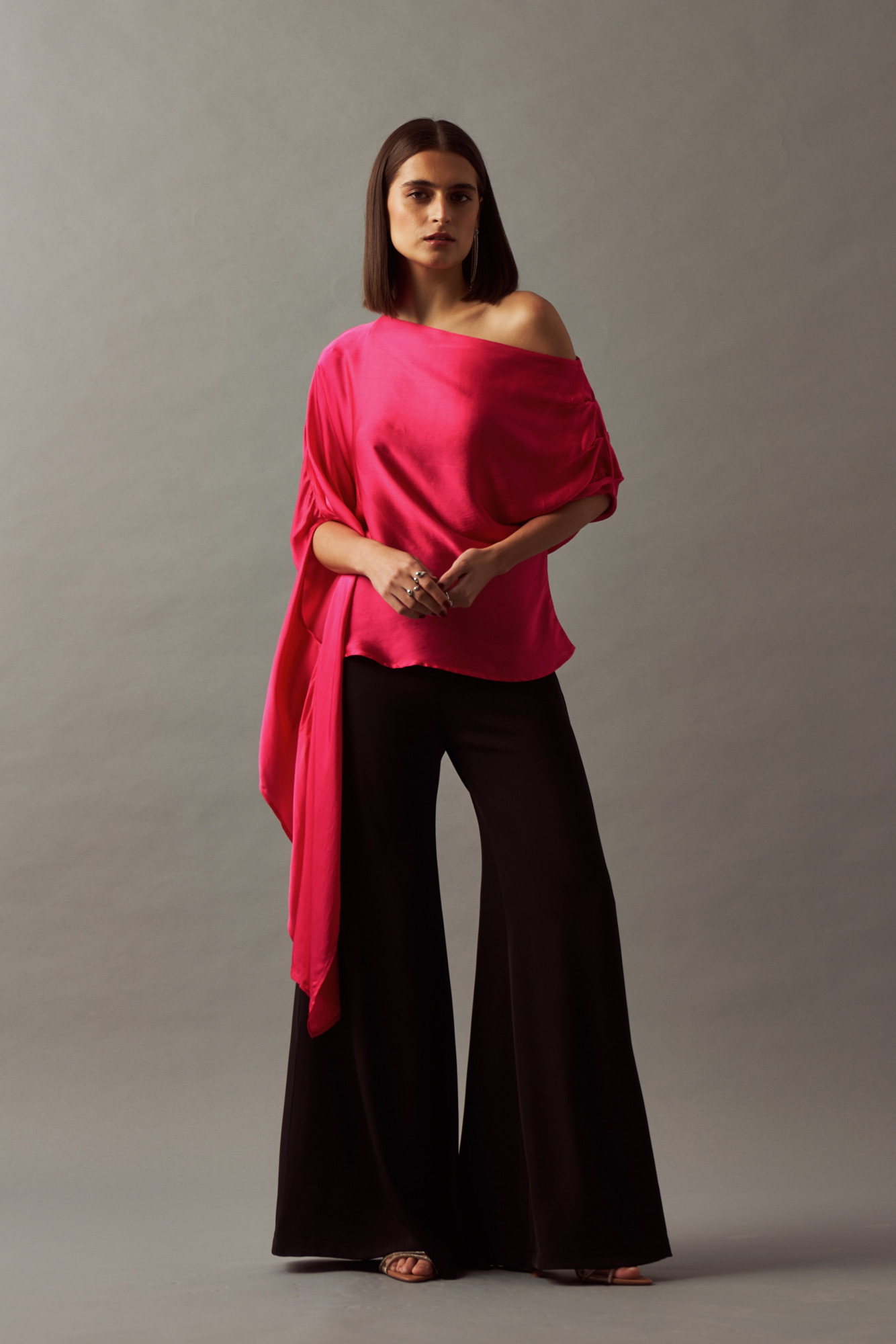 LEILA 02 SOLID FUSCHIA VISCOSE SATIN FABRIC OFF SHOULDER TOP