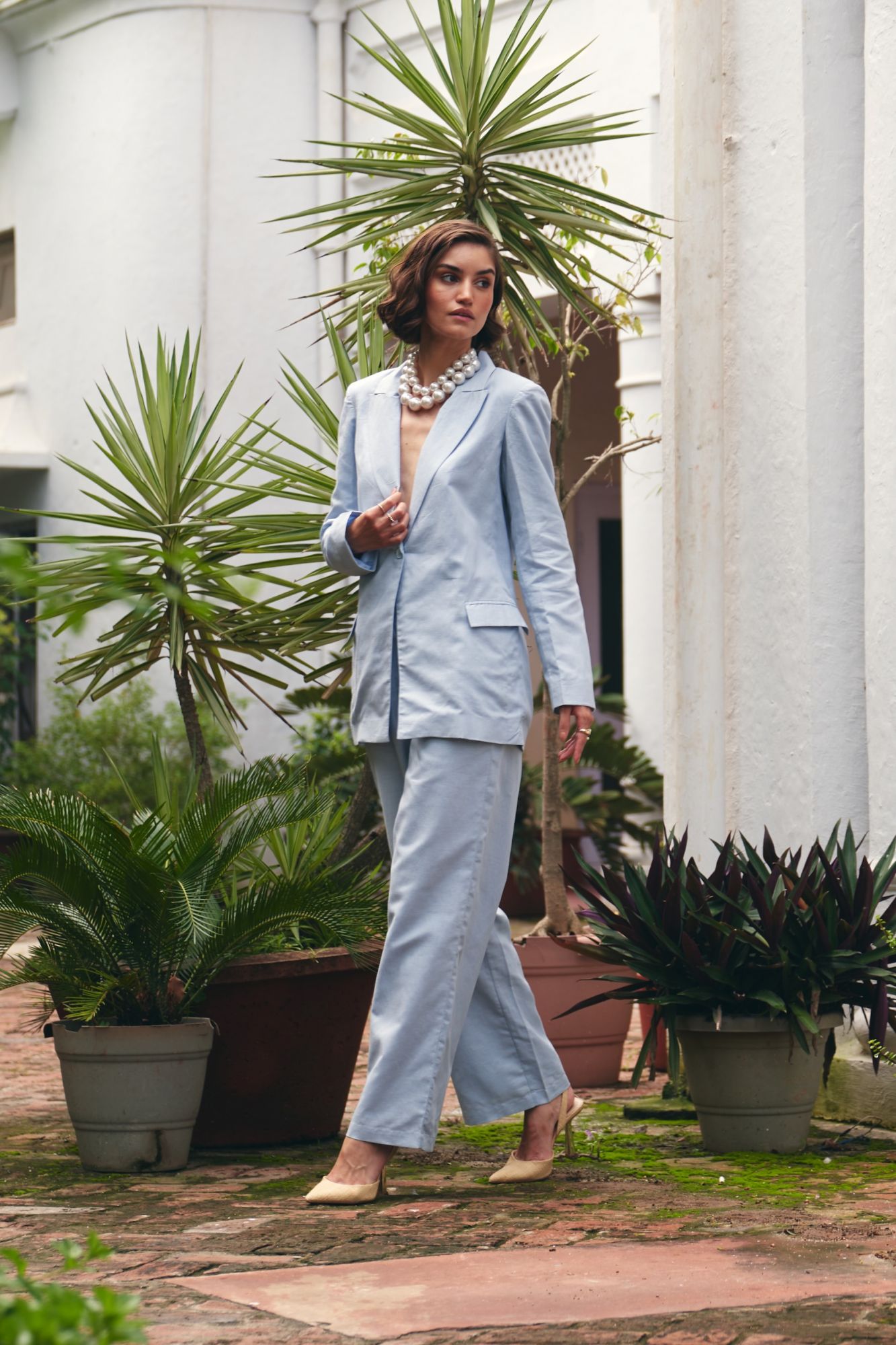 FLORENTINA SKY BLUE COLOR LINEN FABRIC JACKET AND PANTS SUMMER CO-ORDINATE
