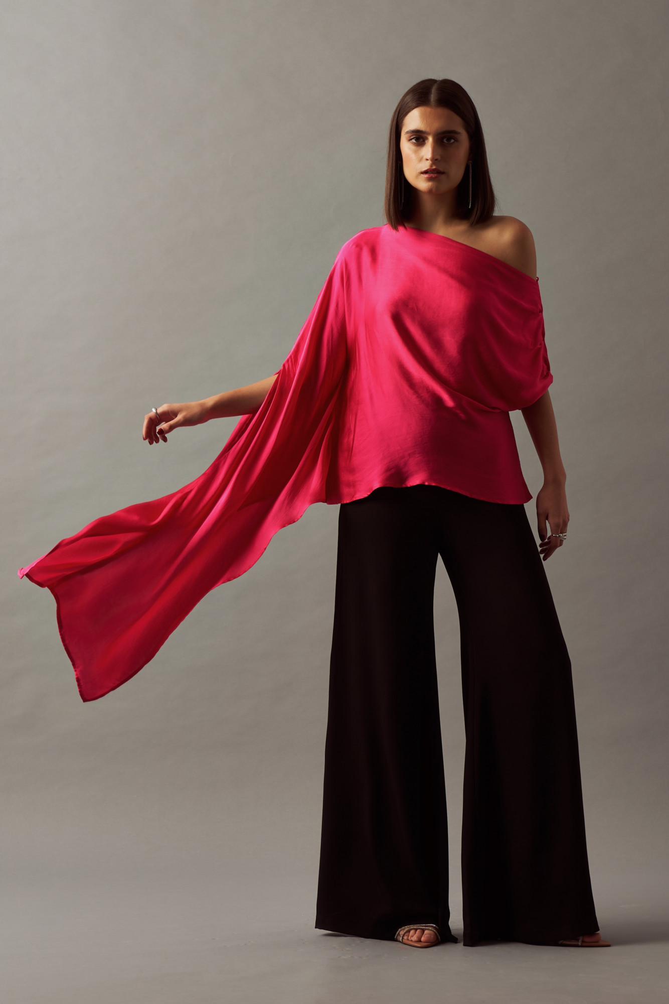 LEILA 02 SOLID FUSCHIA VISCOSE SATIN FABRIC OFF SHOULDER TOP