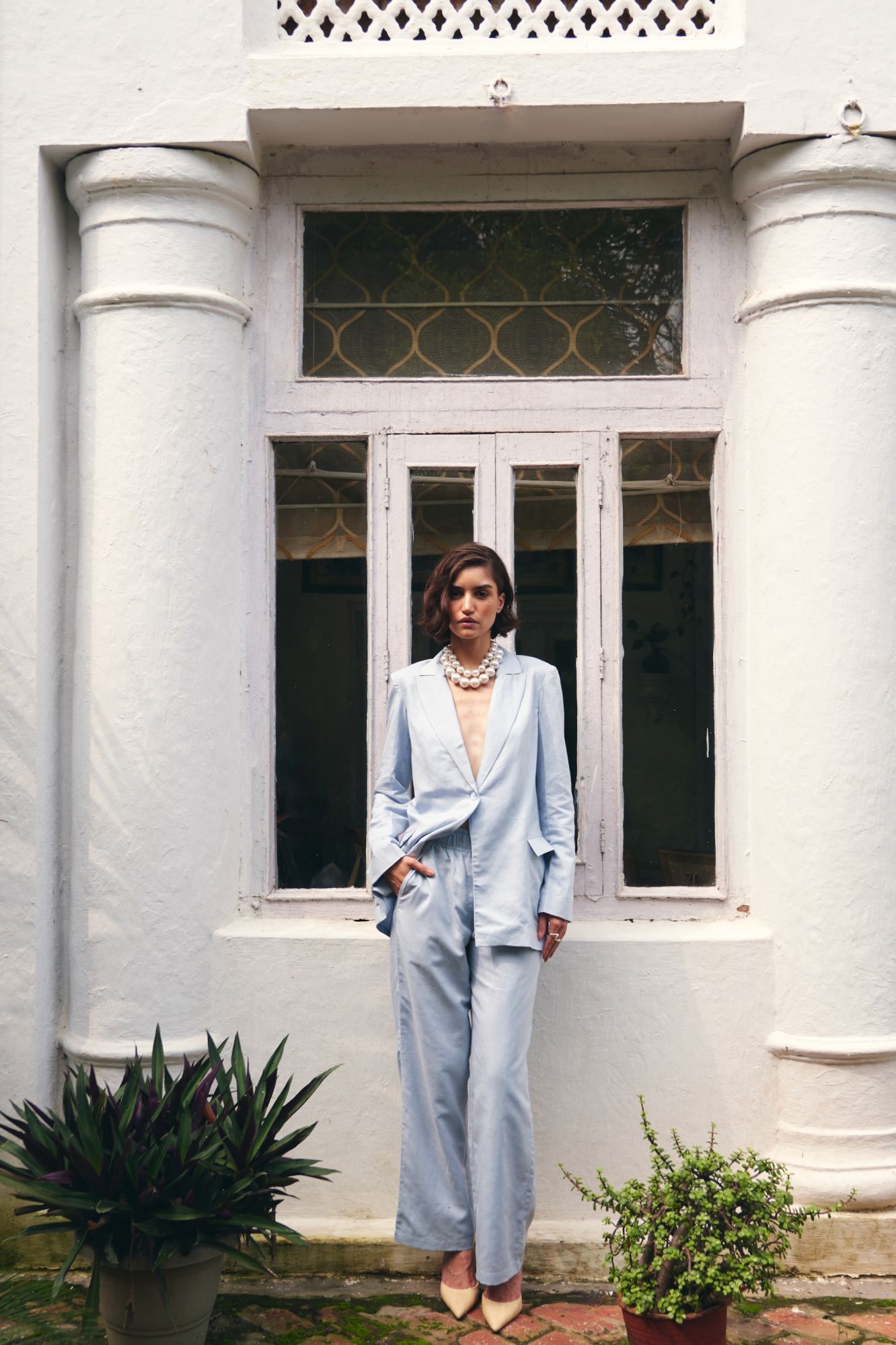 FLORENTINA SKY BLUE COLOR LINEN FABRIC JACKET AND PANTS SUMMER CO-ORDINATE