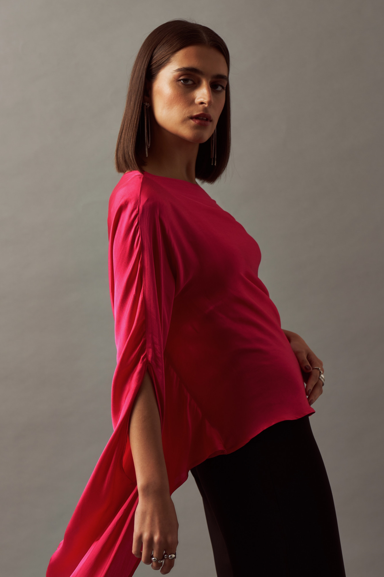 LEILA 02 SOLID FUSCHIA VISCOSE SATIN FABRIC OFF SHOULDER TOP