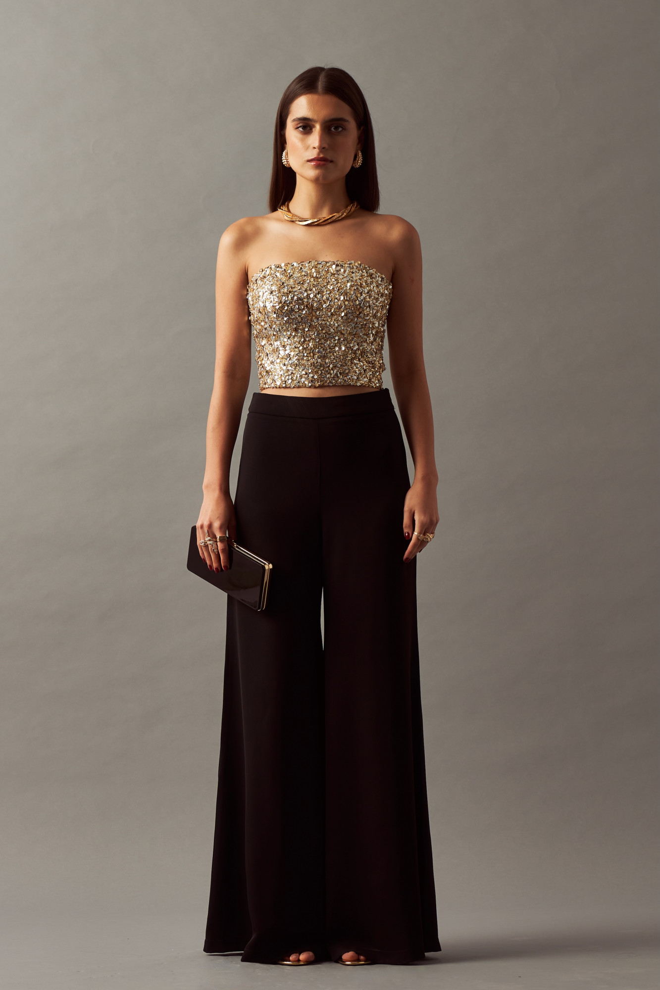 LEILA 02 SOLID BLACK HIGH WAIST FLARED PANTS WITH SIDE ZIP OPENING