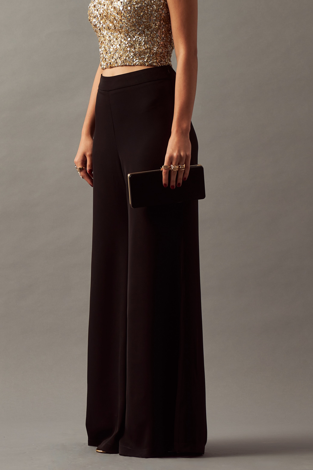 LEILA 02 SOLID BLACK HIGH WAIST FLARED PANTS WITH SIDE ZIP OPENING