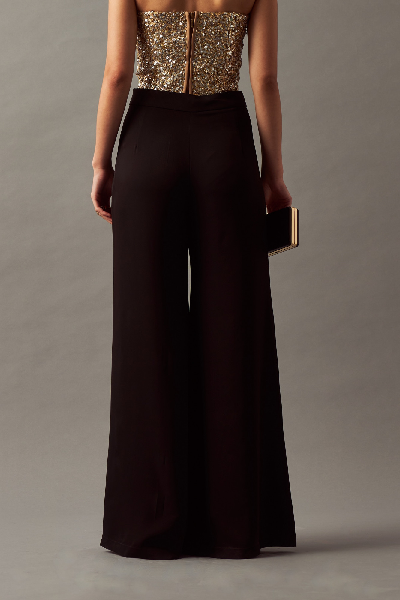 LEILA 02 SOLID BLACK HIGH WAIST FLARED PANTS WITH SIDE ZIP OPENING