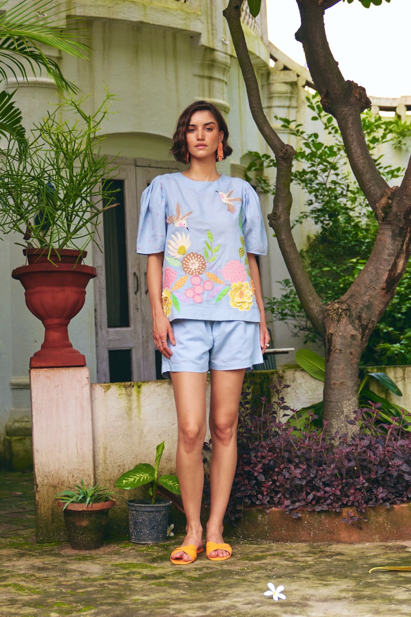 FLORENTINA SKY BLUE MULTI COLOR FLOWER EMBROIDERY TOP AND SHORTS SUMMER CO-ORDINATE