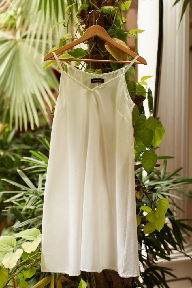 WHITE ALL OVER COTTON SCHIFFLI KNEE LENGTH 34TH SLEEVES DRESS WITH SEPARATE SLIP LINING DRESS