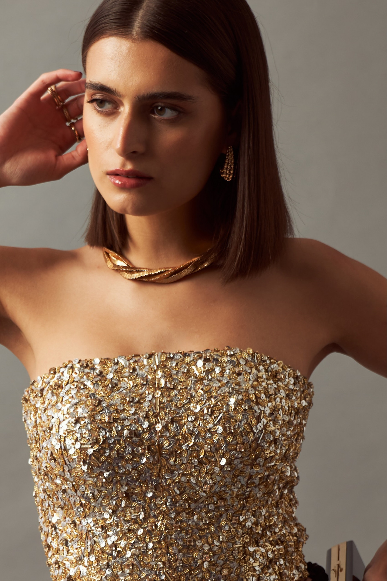 LEILA 02 GOLD SILVER FULLY HAND EMBELLISHED CORSET WITH DRAPED SKIRT
