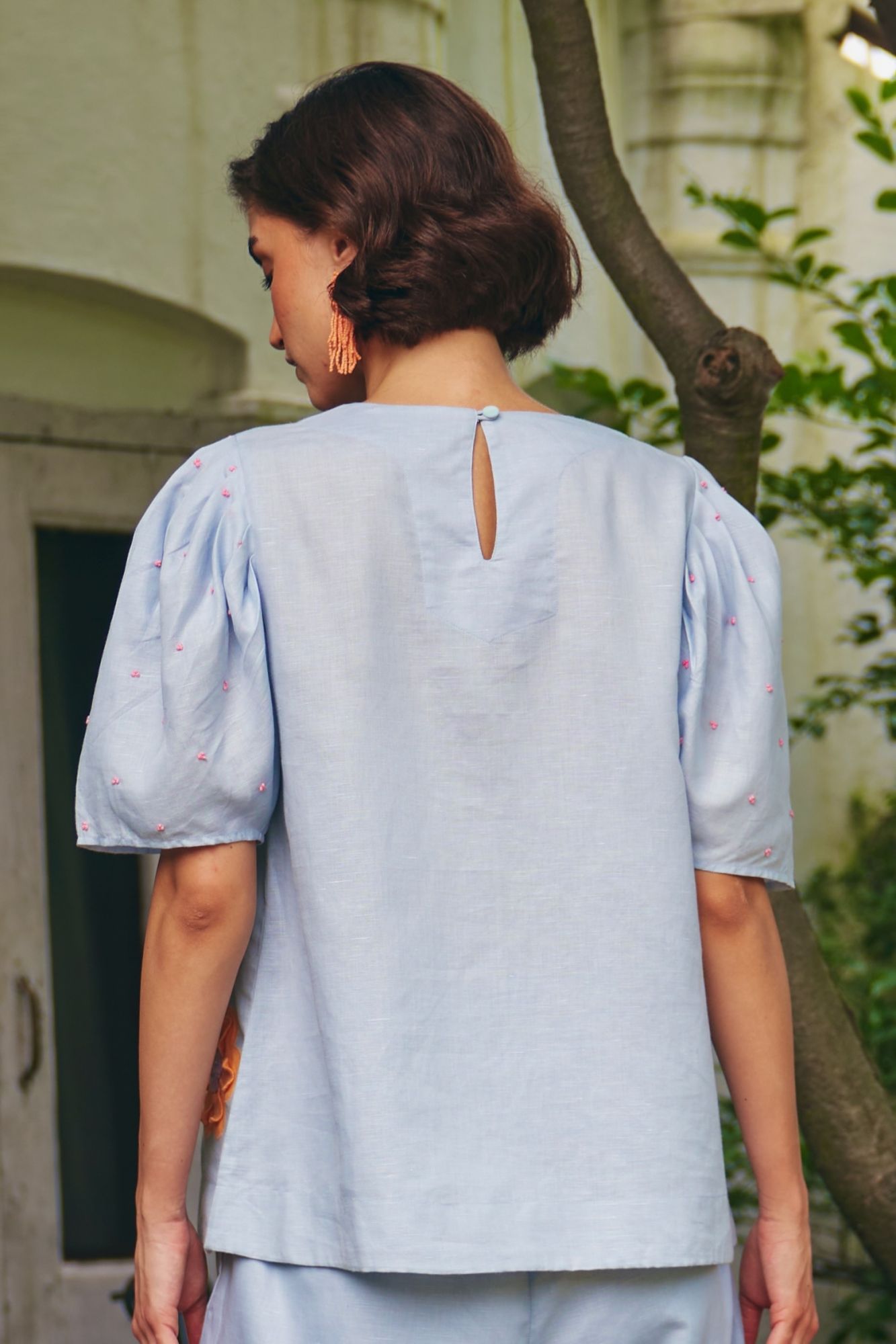FLORENTINA SKY BLUE LINEN FABRIC MULTI COLOR EMBROIDERY SUMMER TOP WITH SLEEVES