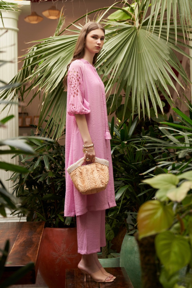 LILAC COLOR RAYON CREPE CO-ORDINATE WITH 34TH LENGTH CUTWORK HAND EMBROIDERED SLEEVES AND PANTS