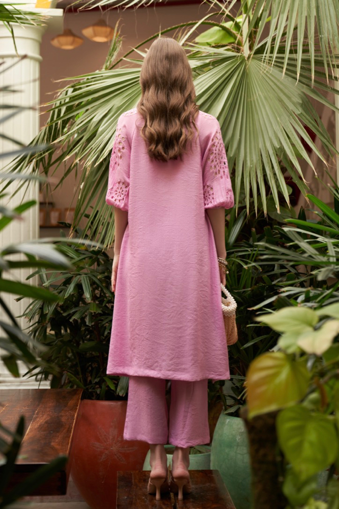 LILAC COLOR RAYON CREPE CO-ORDINATE WITH 34TH LENGTH CUTWORK HAND EMBROIDERED SLEEVES AND PANTS