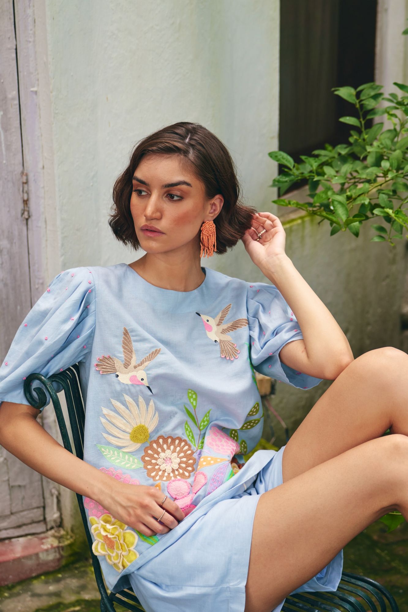 FLORENTINA SKY BLUE LINEN FABRIC MULTI COLOR EMBROIDERY SUMMER TOP WITH SLEEVES