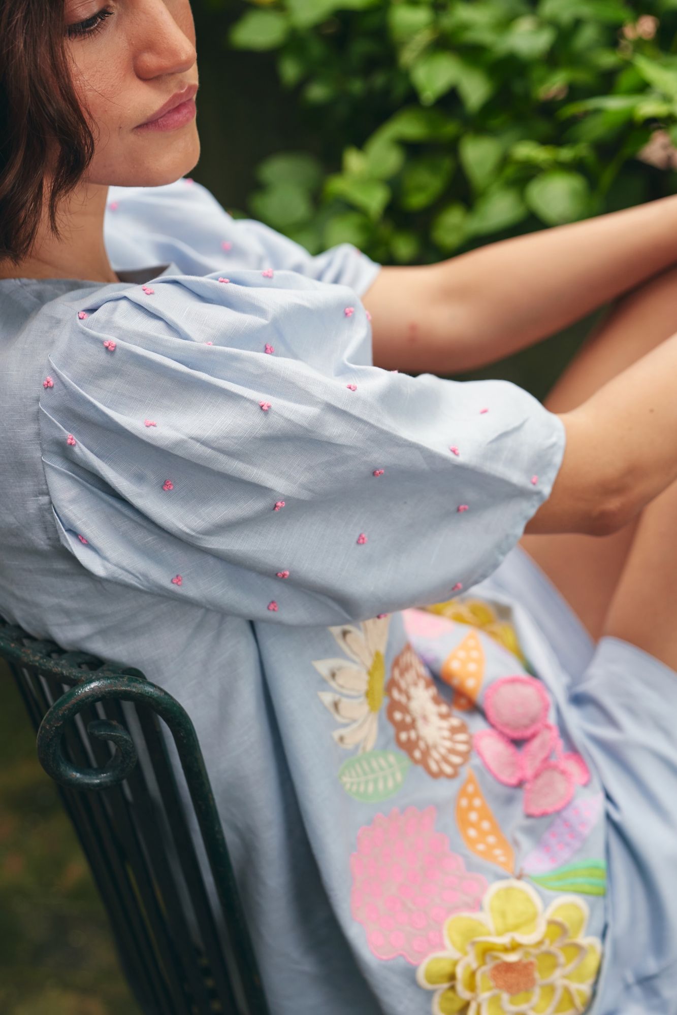 FLORENTINA SKY BLUE LINEN FABRIC MULTI COLOR EMBROIDERY SUMMER TOP WITH SLEEVES