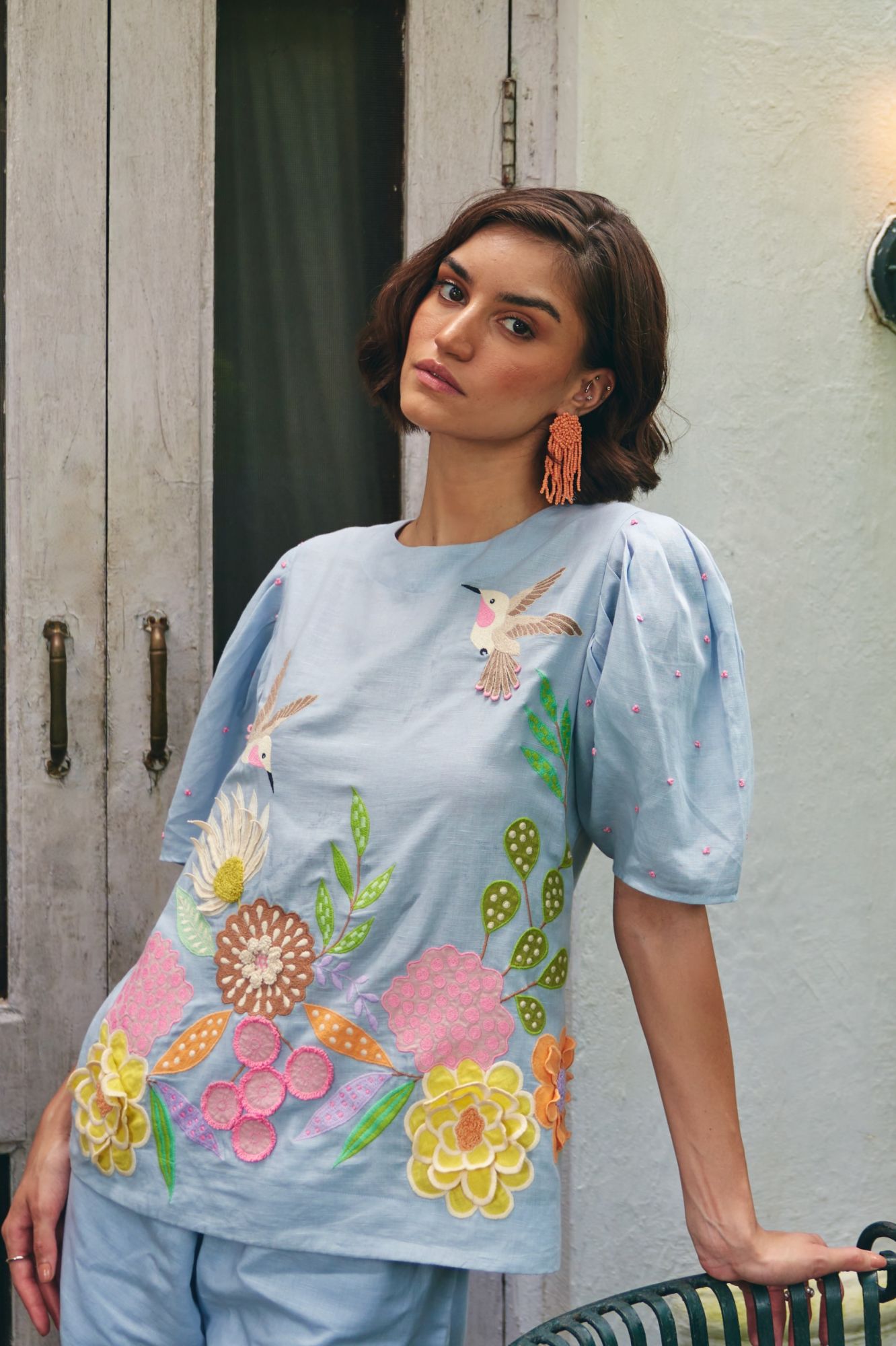 FLORENTINA SKY BLUE LINEN FABRIC MULTI COLOR EMBROIDERY SUMMER TOP WITH SLEEVES