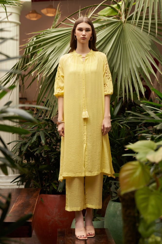 SOLID LEMON COLOR SUMMER TUNIC PANTS CO-ORDINATE WITH HAND CUTWORK EMBROIDERED SLEEVES