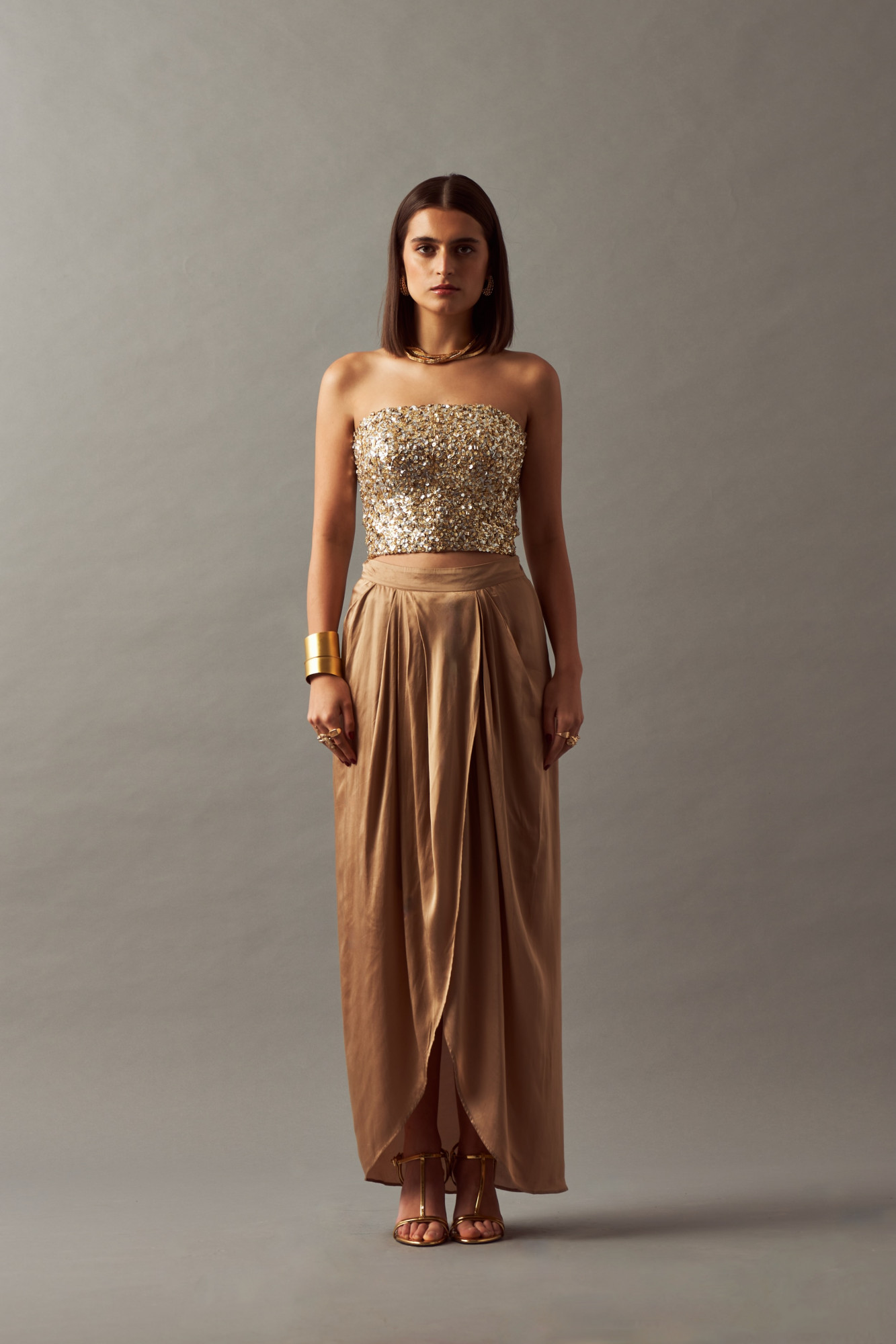 LEILA 02 GOLD SILVER FULLY HAND EMBELLISHED CORSET WITH DRAPED SKIRT