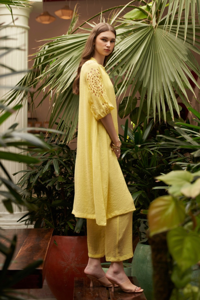 SOLID LEMON COLOR SUMMER TUNIC PANTS CO-ORDINATE WITH HAND CUTWORK EMBROIDERED SLEEVES