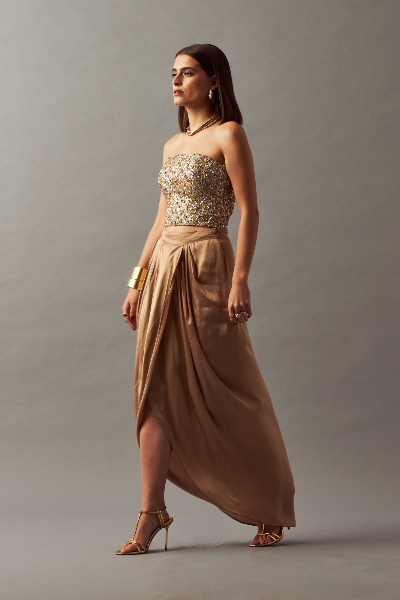 LEILA 02 GOLD SILVER FULLY HAND EMBELLISHED CORSET WITH DRAPED SKIRT