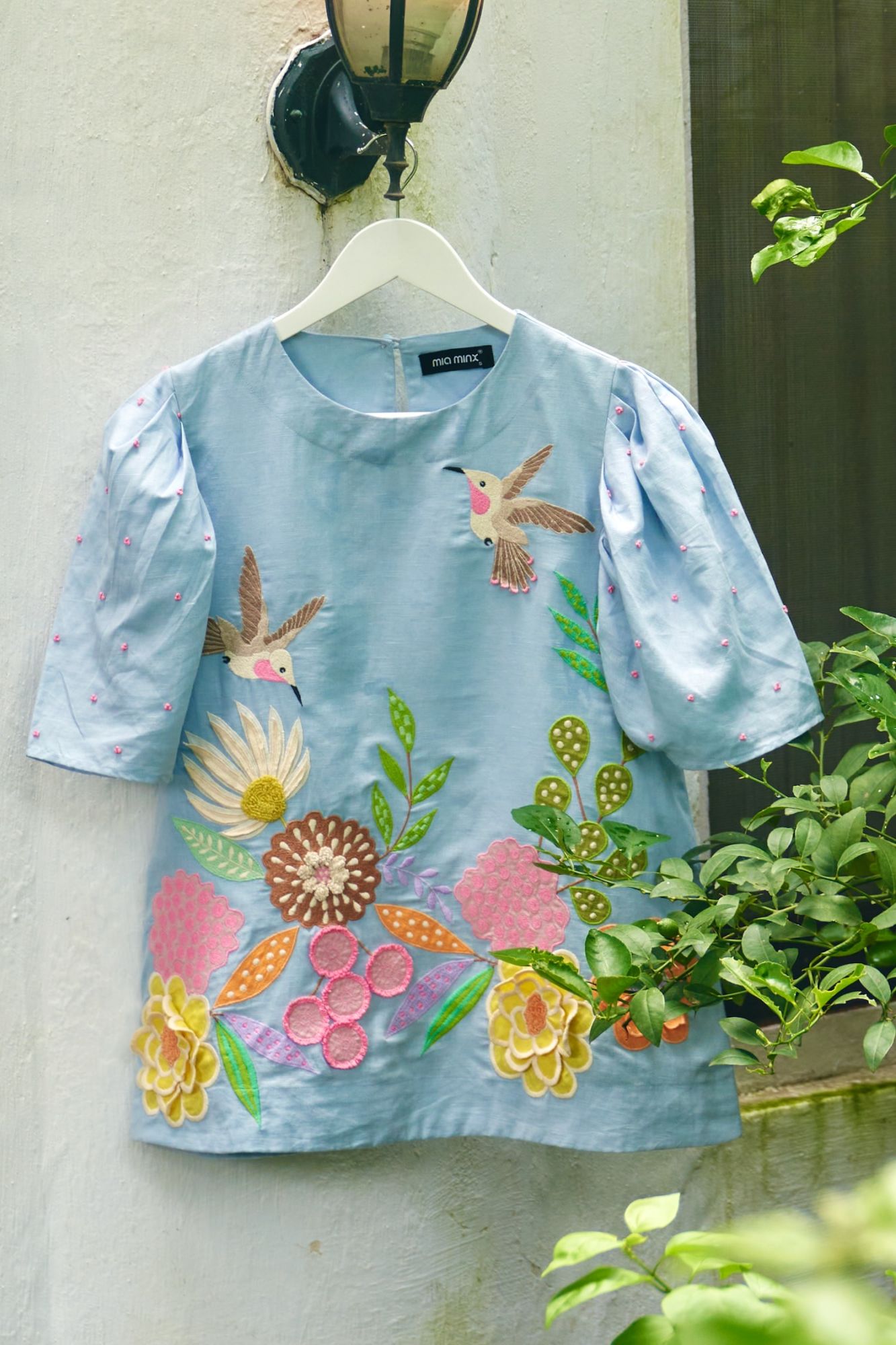 FLORENTINA SKY BLUE MULTI COLOR FLOWER EMBROIDERY TOP AND SHORTS SUMMER CO-ORDINATE