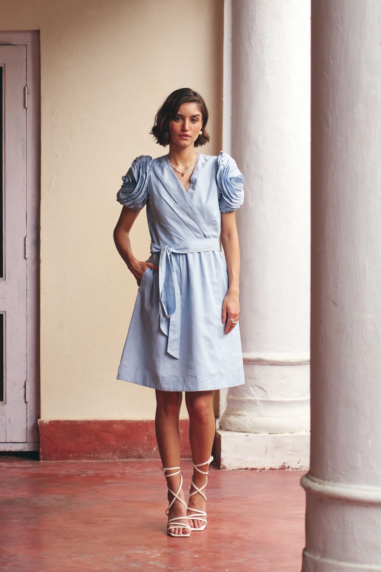 FLORENTINA SKY BLUE KNEE LENGTH LINEN SUMMER DRESS WITH ROSE FLOWER DETAILED SLEEVES