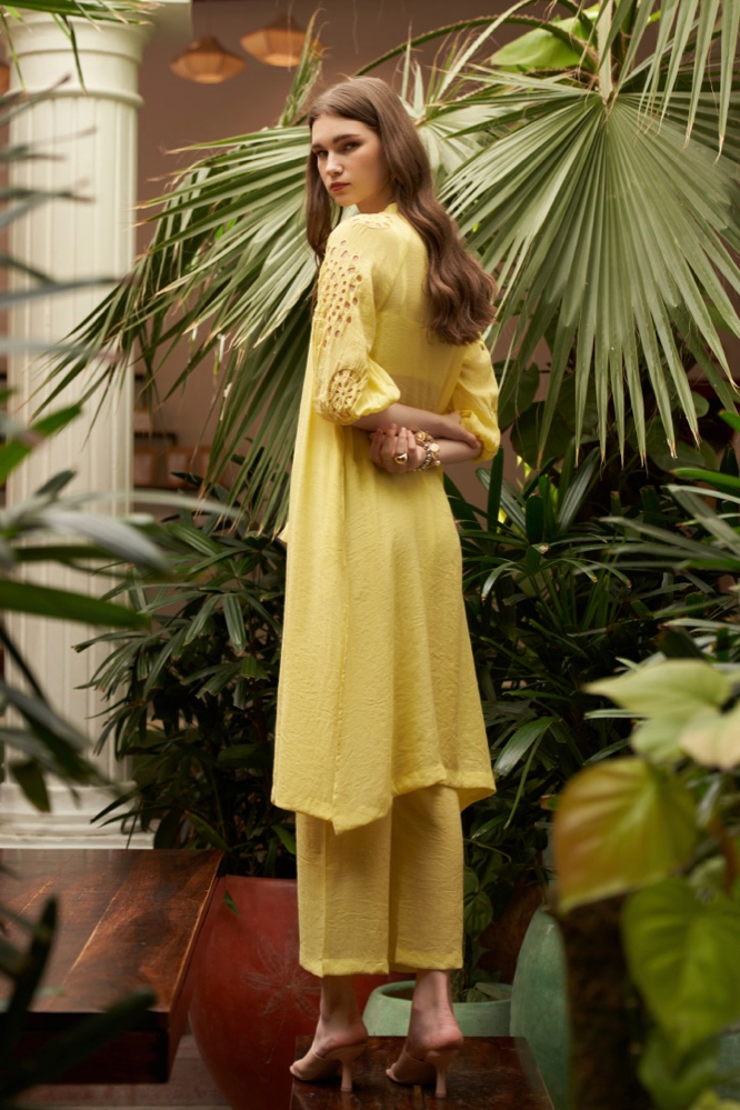 SOLID LEMON COLOR SUMMER TUNIC PANTS CO-ORDINATE WITH HAND CUTWORK EMBROIDERED SLEEVES