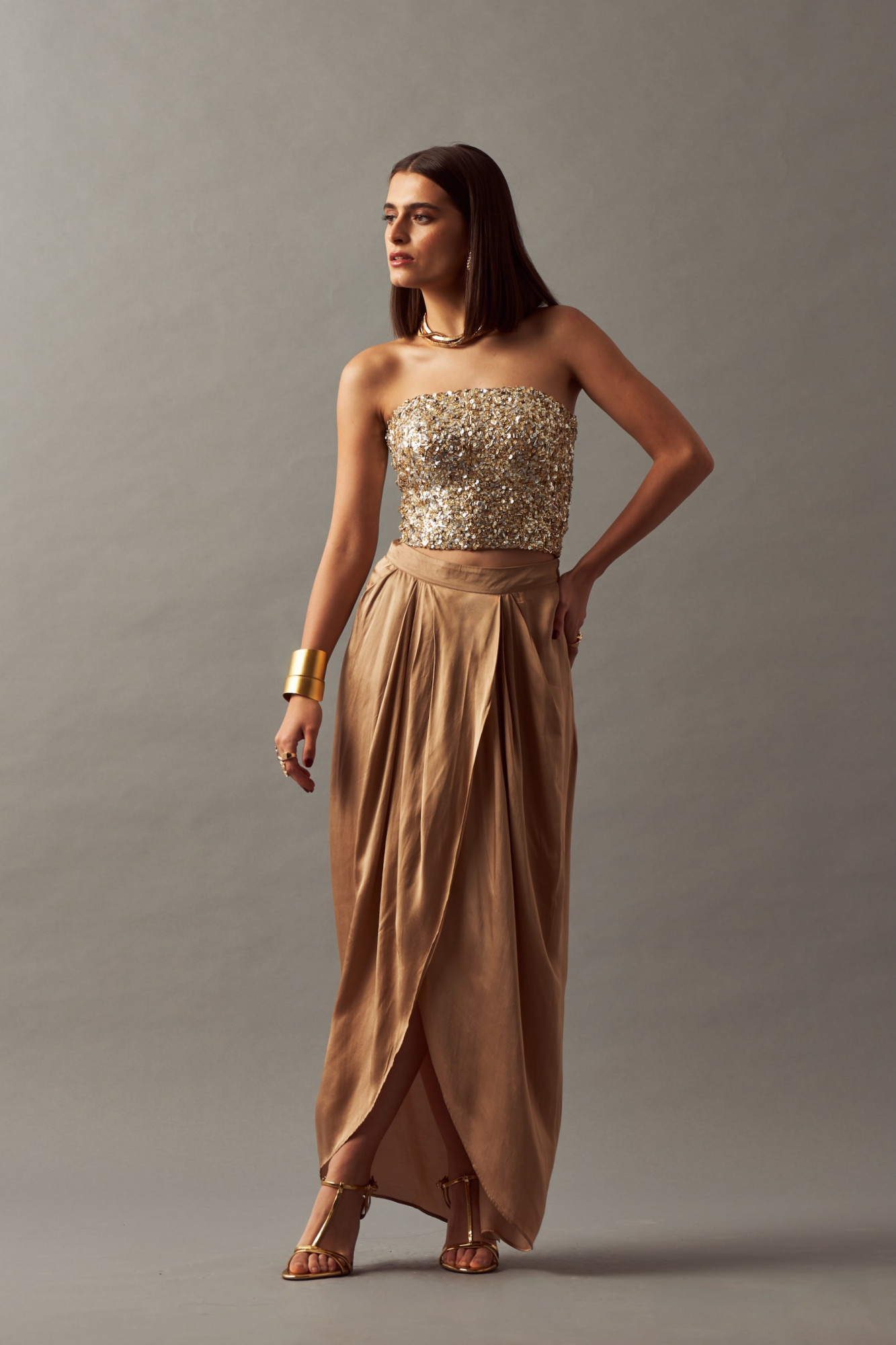 LEILA 02 GOLD SILVER FULLY HAND EMBELLISHED CORSET WITH DRAPED SKIRT