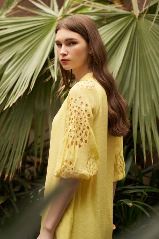 SOLID LEMON COLOR SUMMER TUNIC PANTS CO-ORDINATE WITH HAND CUTWORK EMBROIDERED SLEEVES