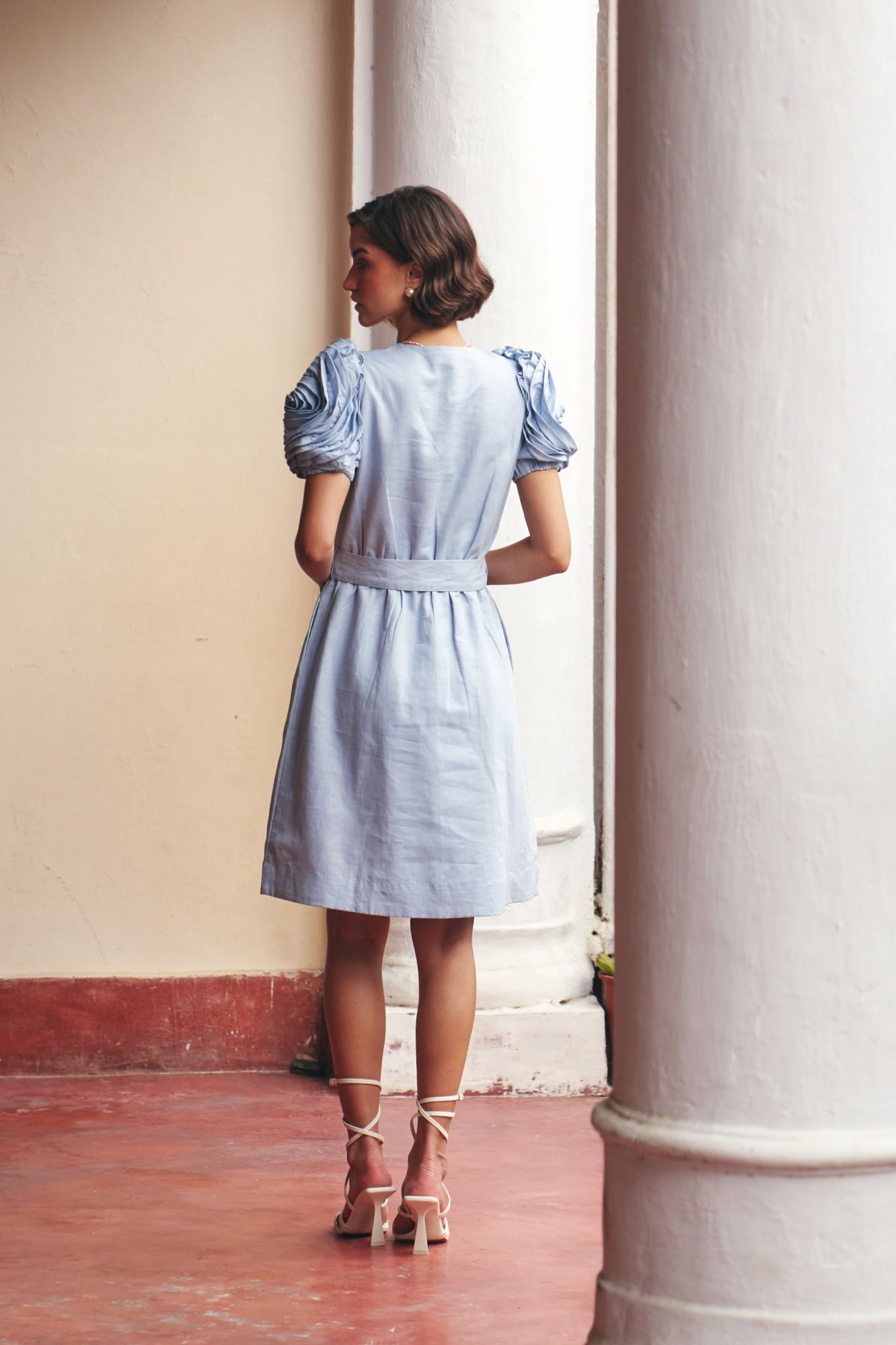 FLORENTINA SKY BLUE KNEE LENGTH LINEN SUMMER DRESS WITH ROSE FLOWER DETAILED SLEEVES