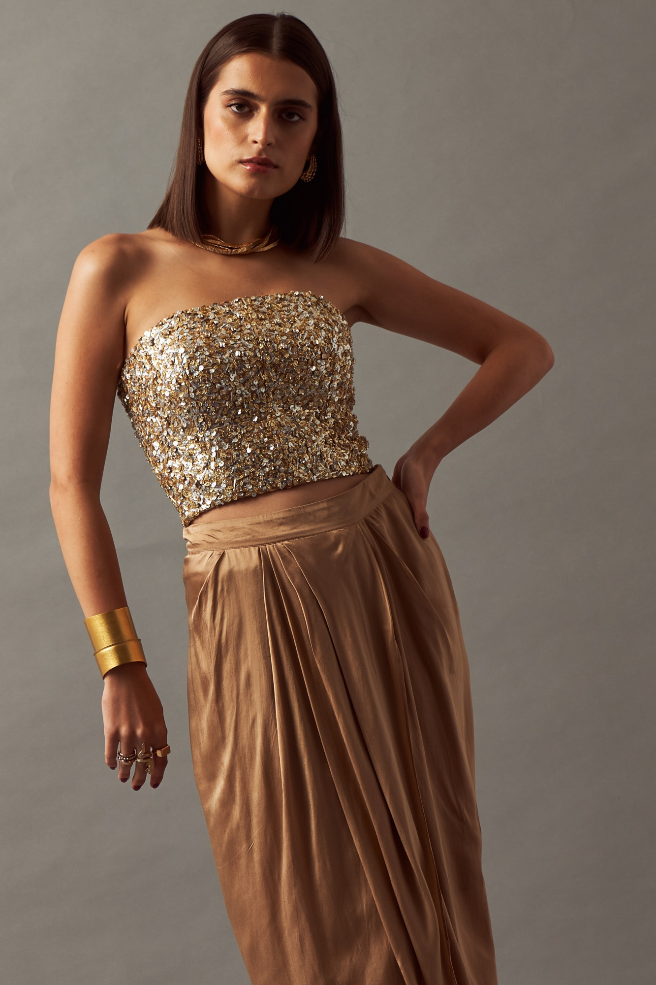 LEILA 02 GOLD SILVER FULLY HAND EMBELLISHED CORSET WITH DRAPED SKIRT