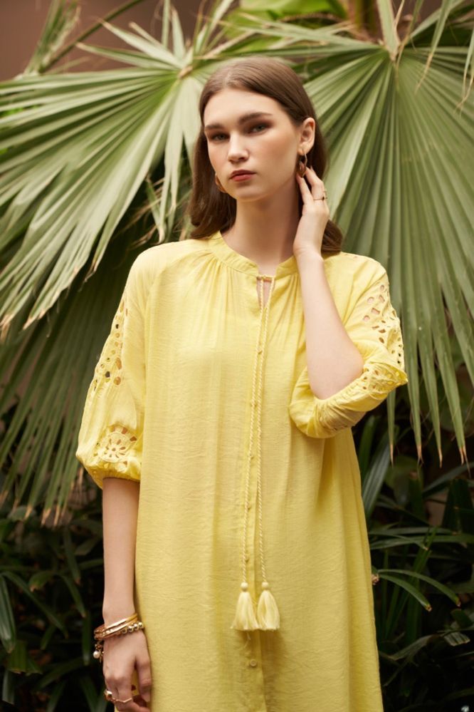 SOLID LEMON COLOR SUMMER TUNIC PANTS CO-ORDINATE WITH HAND CUTWORK EMBROIDERED SLEEVES