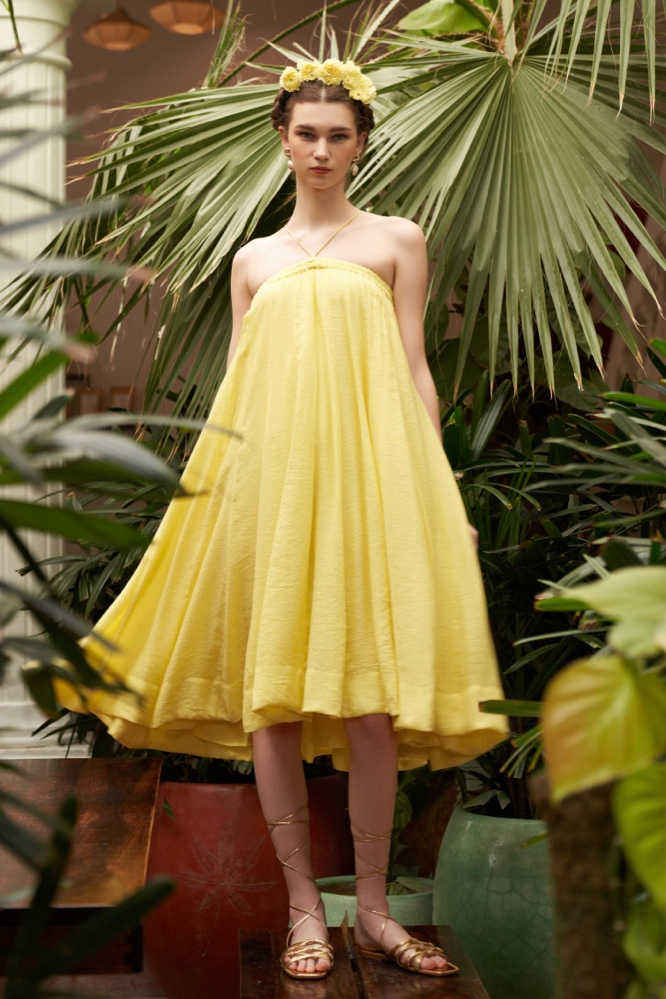 SOLID LEMON COLOR TEXTURED RAYON CREPE FABRIC FLARED GODET BRUNCH DRESS
