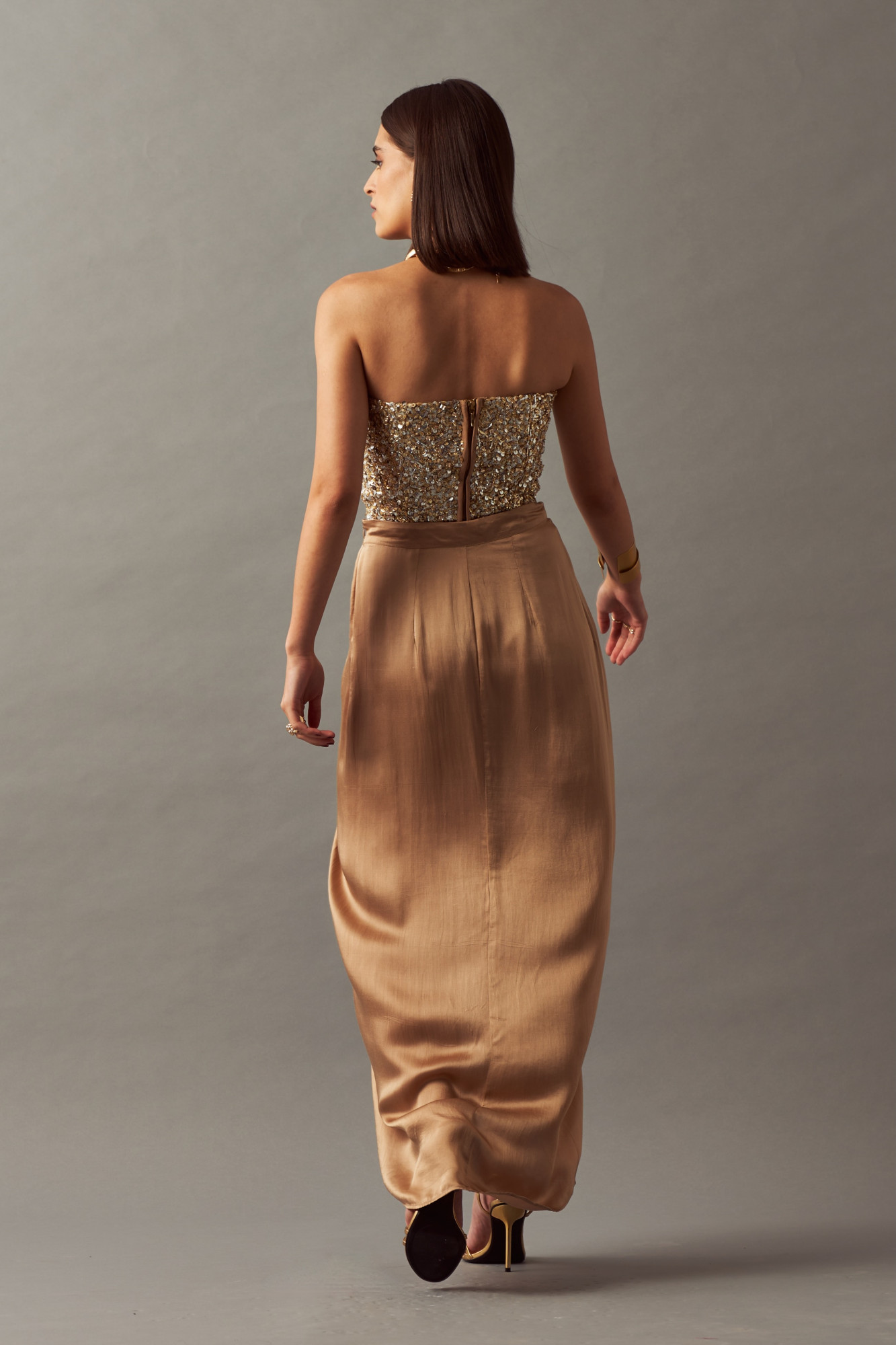 LEILA 02 GOLD SILVER FULLY HAND EMBELLISHED CORSET WITH DRAPED SKIRT