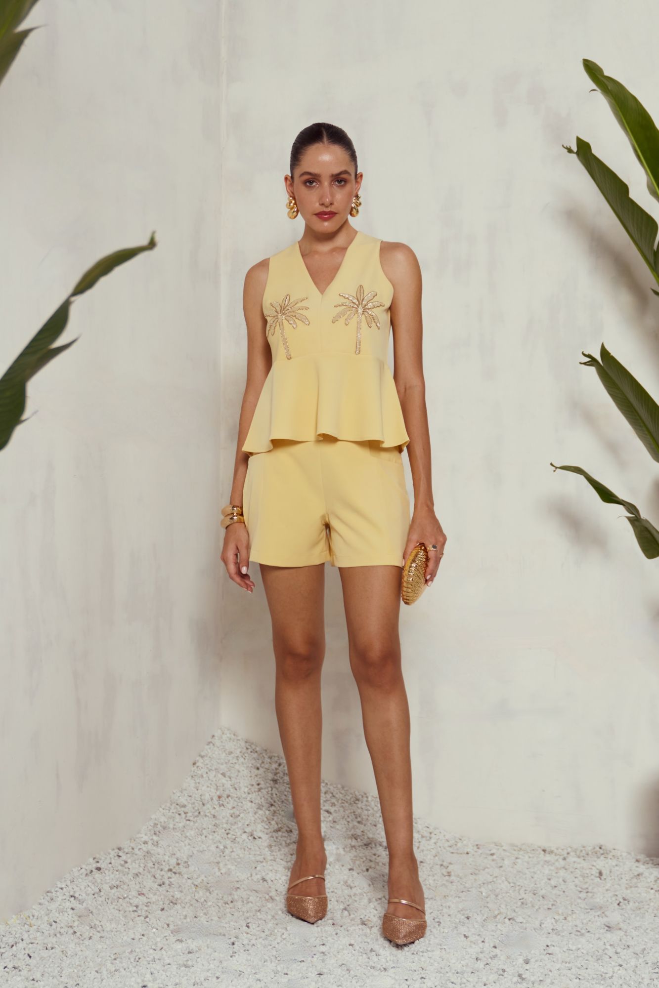 MALIBU-02 PASTEL YELLOW HAND EMBROIDERED PEPLUM TOP AND SHORTS CO-ORD SET
