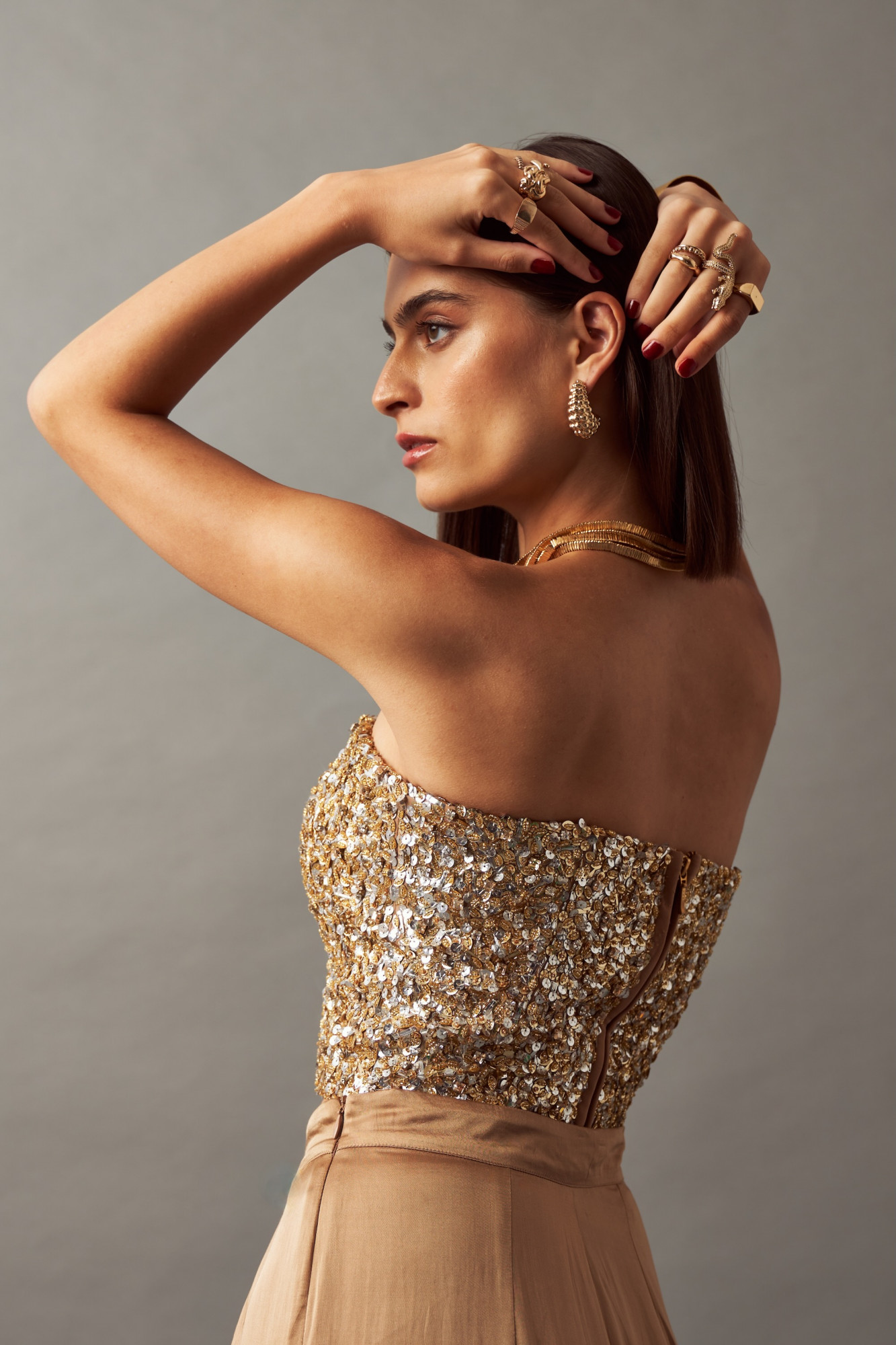 LEILA 02 GOLD SILVER FULLY HAND EMBELLISHED CORSET WITH DRAPED SKIRT