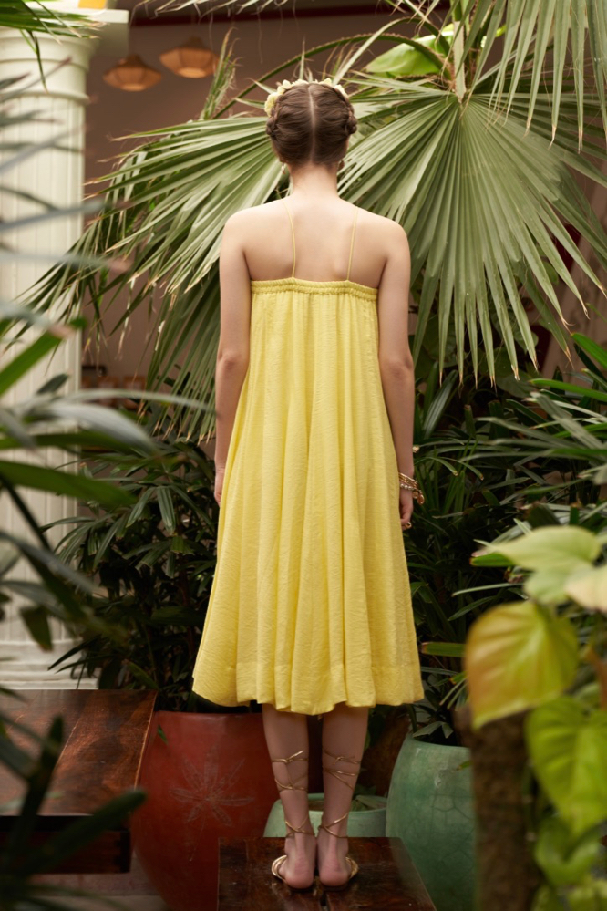 SOLID LEMON COLOR TEXTURED RAYON CREPE FABRIC FLARED GODET BRUNCH DRESS
