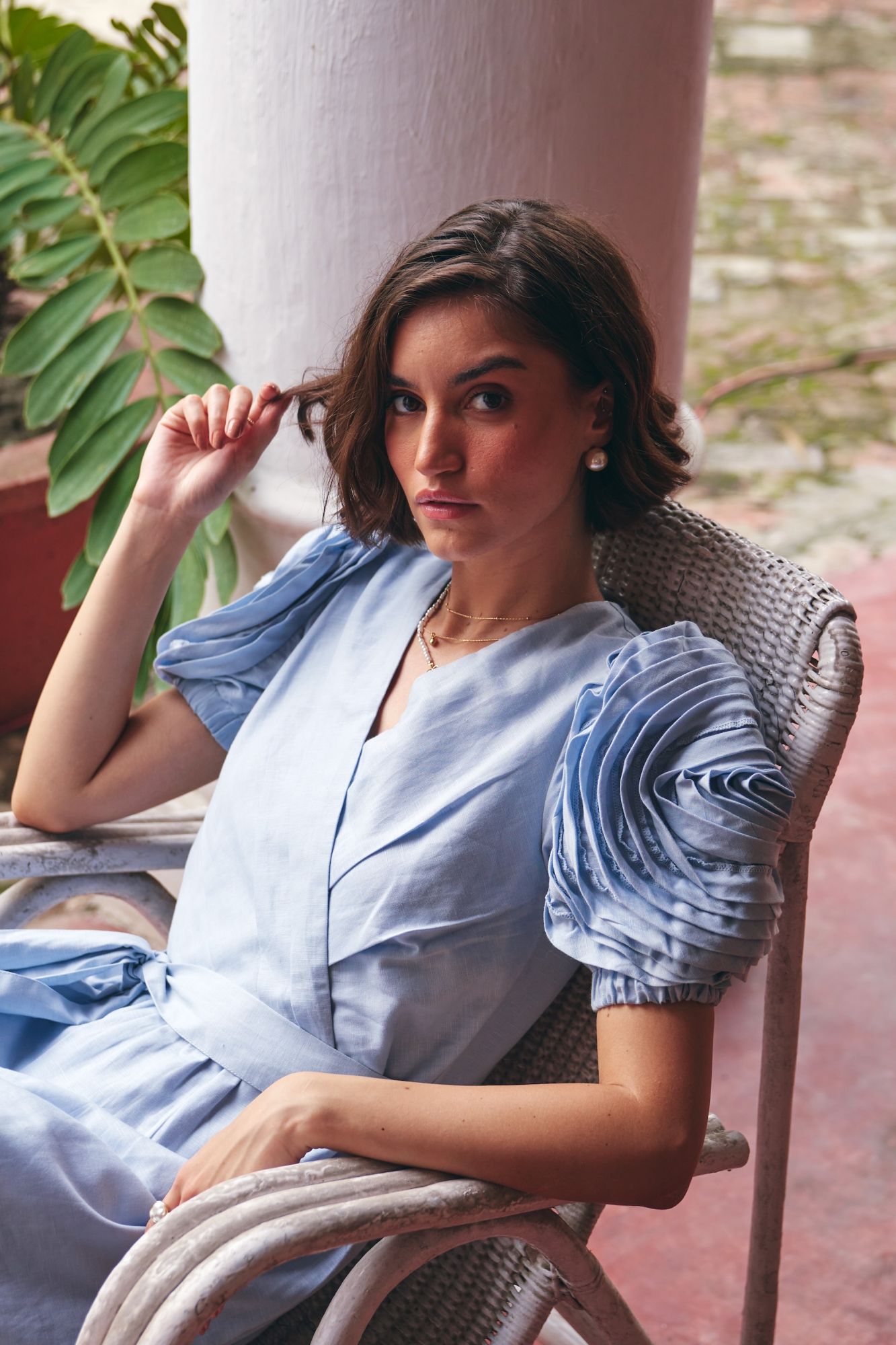 FLORENTINA SKY BLUE KNEE LENGTH LINEN SUMMER DRESS WITH ROSE FLOWER DETAILED SLEEVES