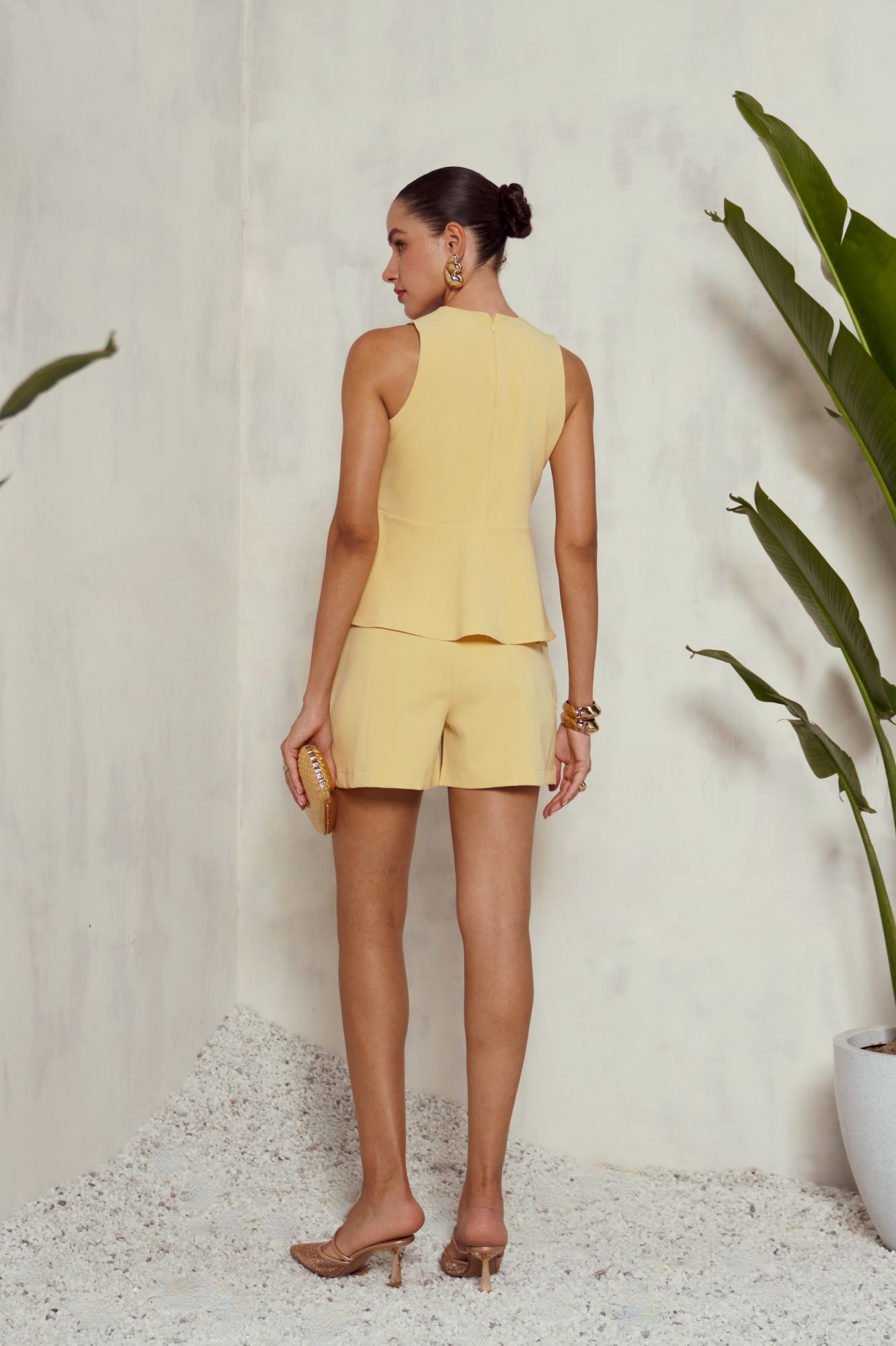 MALIBU-02 PASTEL YELLOW HAND EMBROIDERED PEPLUM TOP AND SHORTS CO-ORD SET