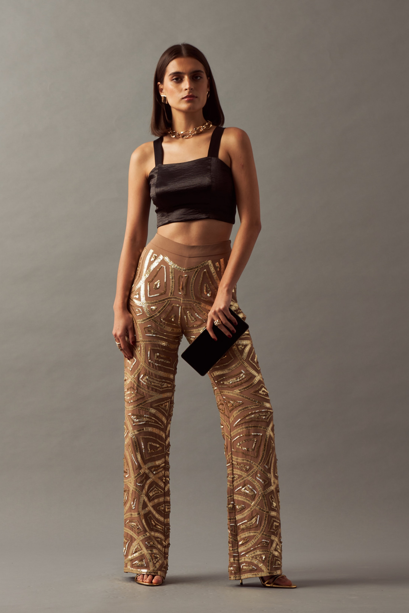 LEILA 02 BLACK COLOR TEXTURED SATIN FABRIC CROP TOP