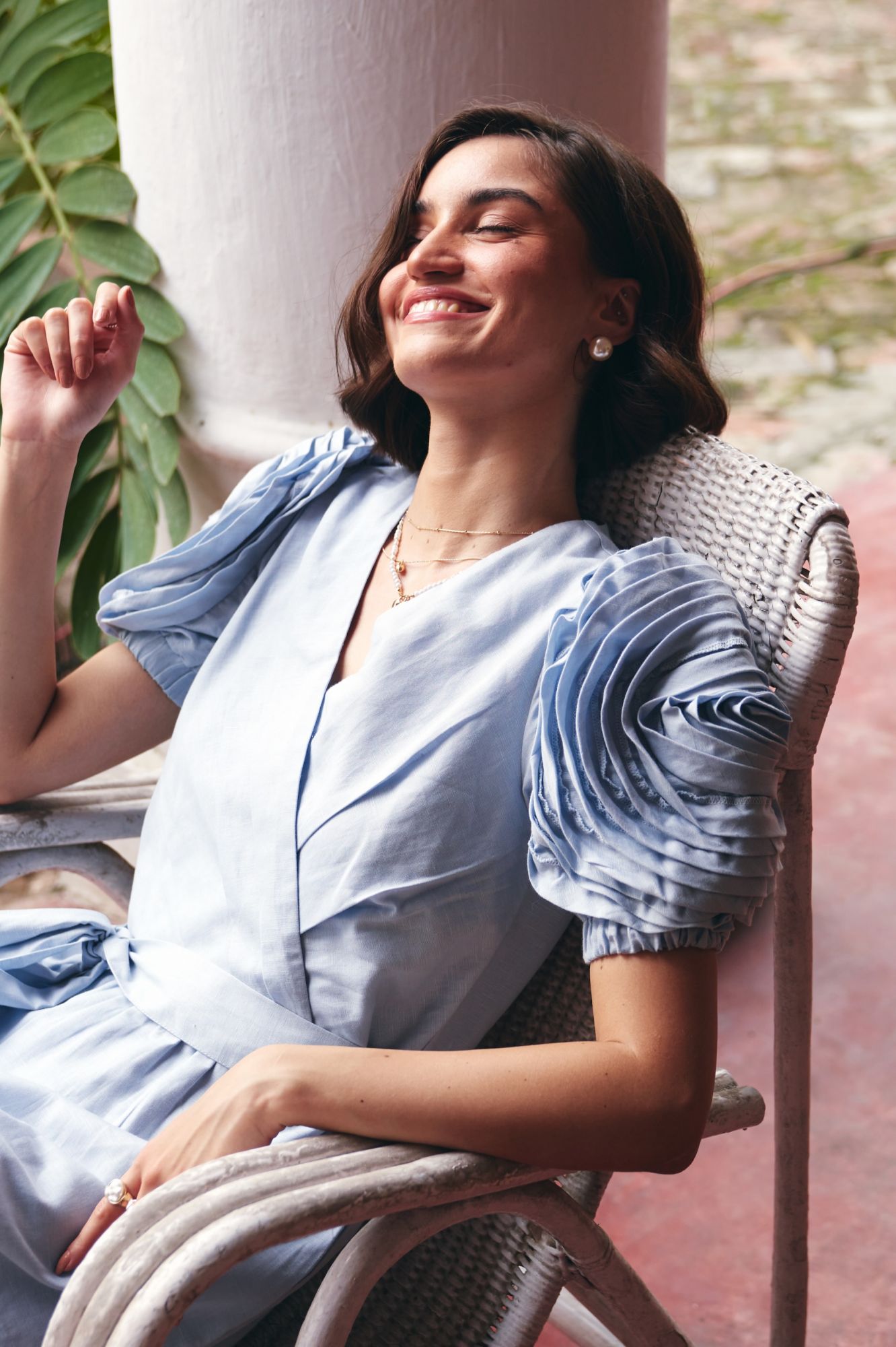 FLORENTINA SKY BLUE KNEE LENGTH LINEN SUMMER DRESS WITH ROSE FLOWER DETAILED SLEEVES