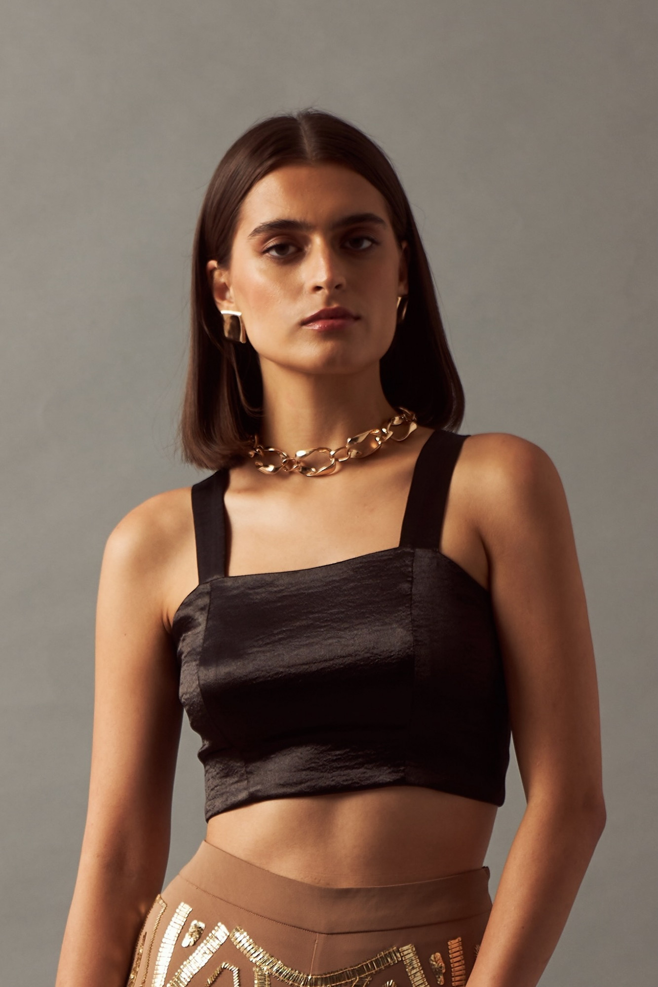 LEILA 02 BLACK COLOR TEXTURED SATIN FABRIC CROP TOP