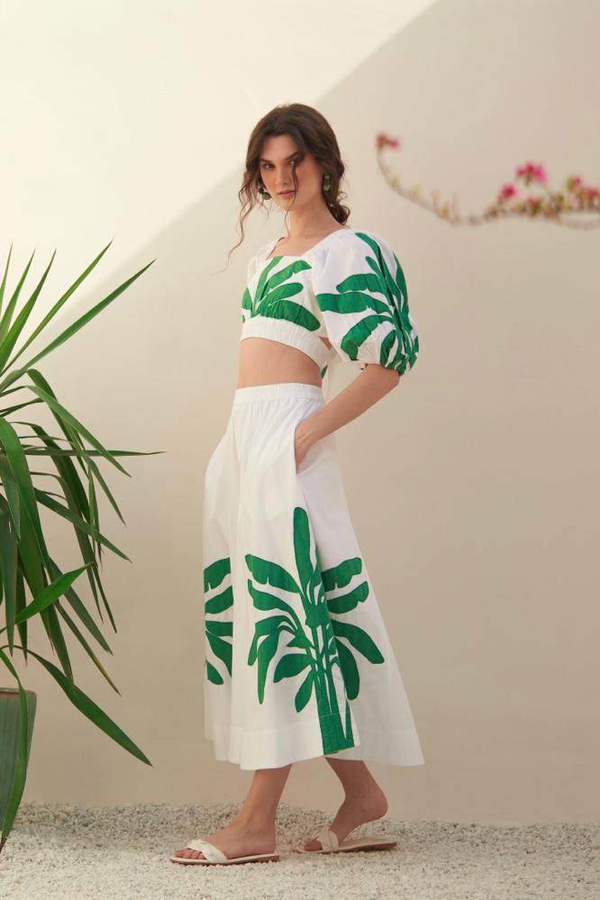MALIBU WHITE COTTON POPLIN TOP AND SKIRT CO-ORDINATE WITH GREEN COLOR PALM TREE APPLIQU EMBROIDERY
