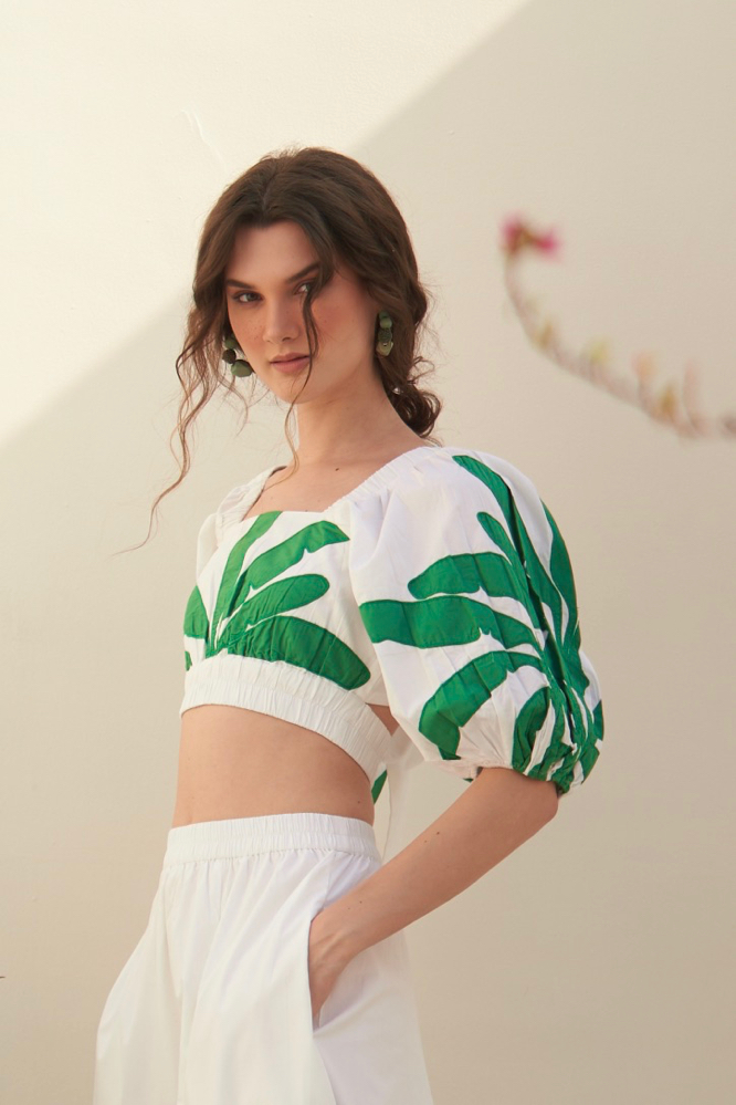 MALIBU WHITE COTTON SUMMER CROP TOP WITH INTERESTING BACK CUT AND GREEN FABRIC APPLIQU EMBROIDERY