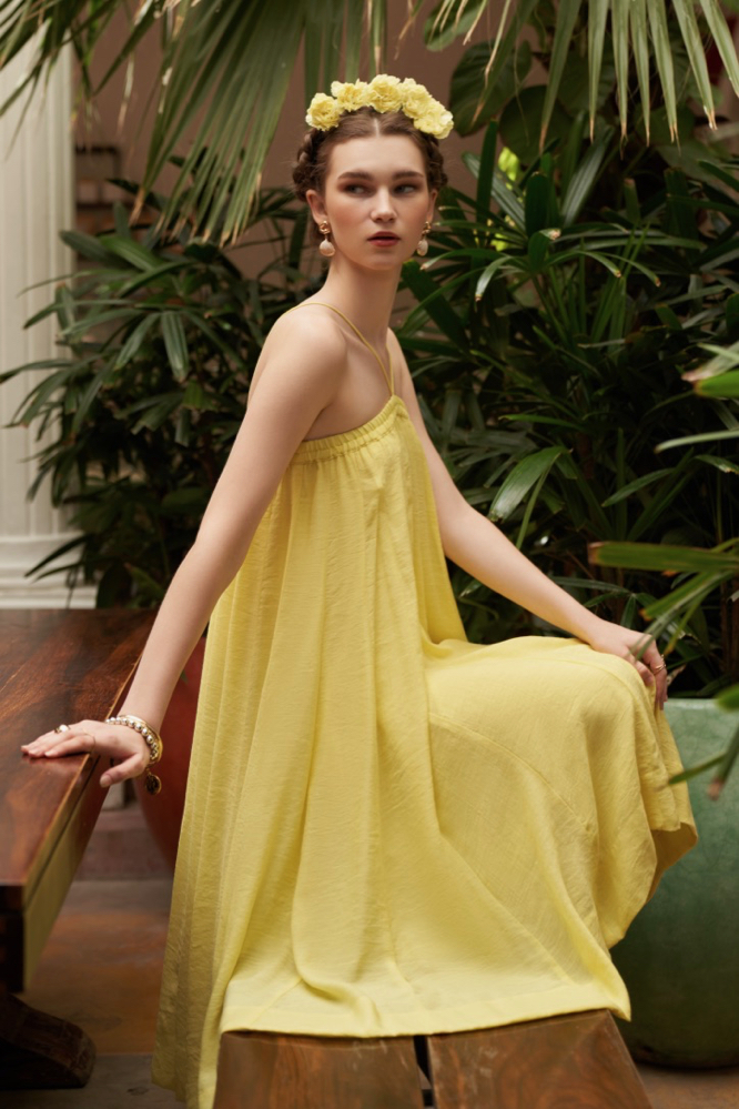 SOLID LEMON COLOR TEXTURED RAYON CREPE FABRIC FLARED GODET BRUNCH DRESS