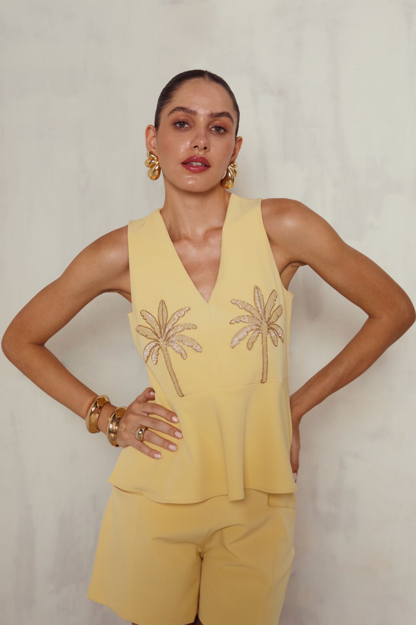 MALIBU-02 PASTEL YELLOW HAND EMBROIDERED PEPLUM TOP AND SHORTS CO-ORD SET