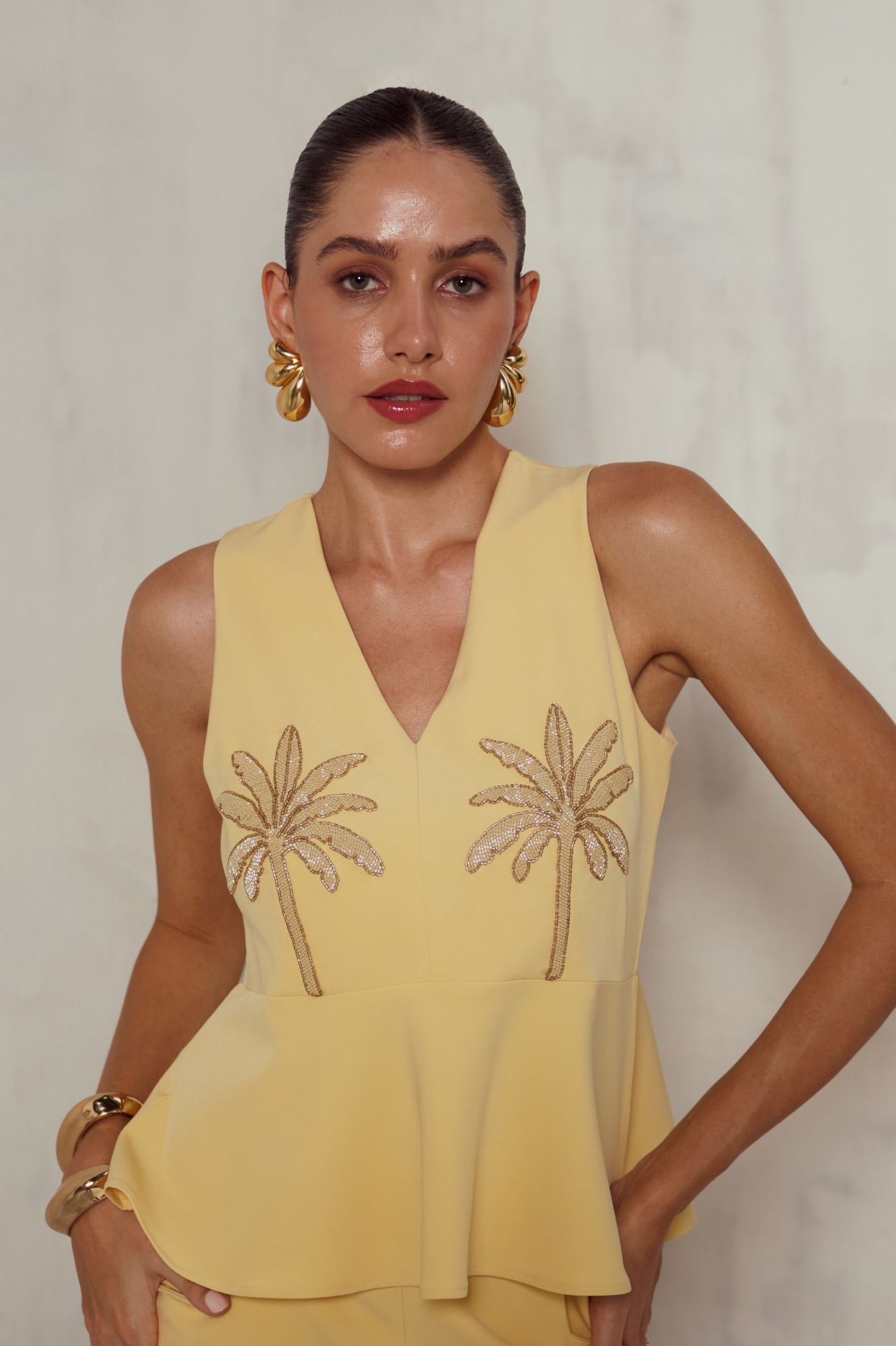 MALIBU-02 PASTEL YELLOW PEPLUM SLEEVELESS TOP WITH HAND EMBROIDERY