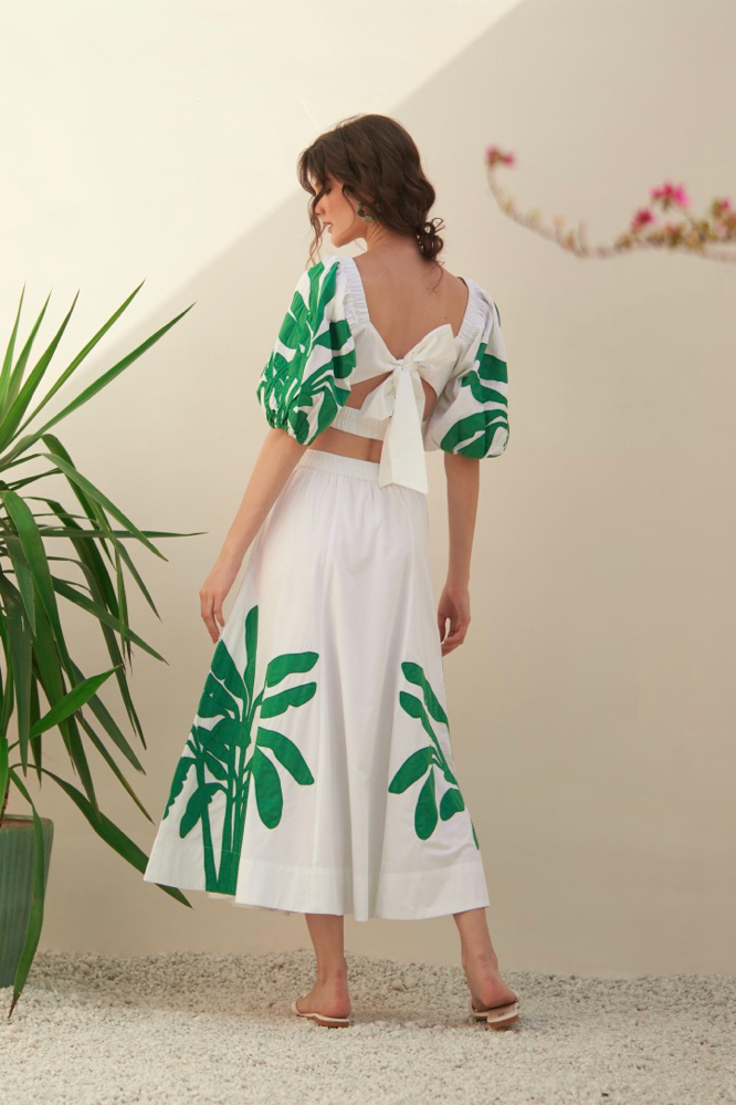MALIBU WHITE COTTON POPLIN TOP AND SKIRT CO-ORDINATE WITH GREEN COLOR PALM TREE APPLIQU EMBROIDERY