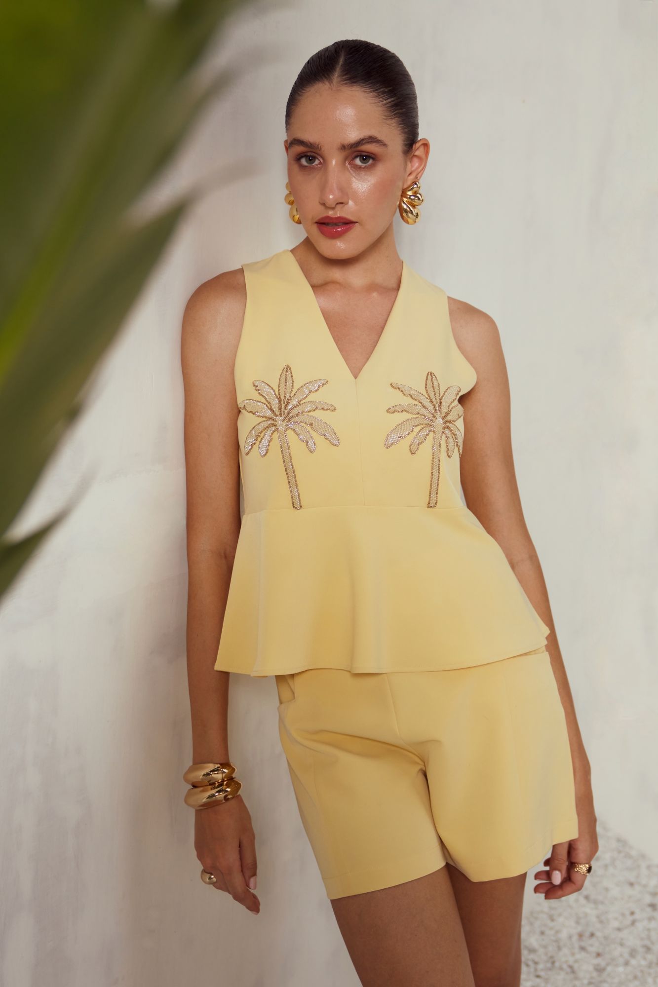 MALIBU-02 PASTEL YELLOW HAND EMBROIDERED PEPLUM TOP AND SHORTS CO-ORD SET