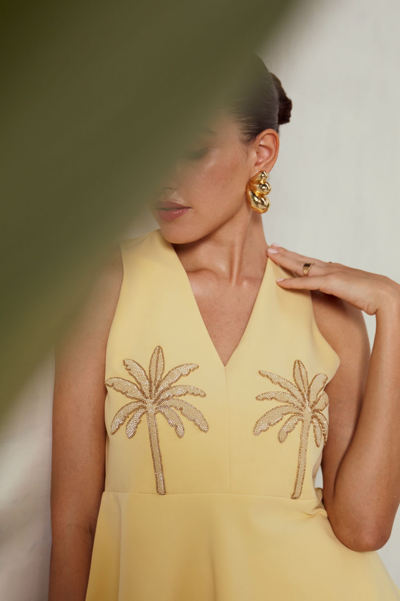 MALIBU-02 PASTEL YELLOW PEPLUM SLEEVELESS TOP WITH HAND EMBROIDERY