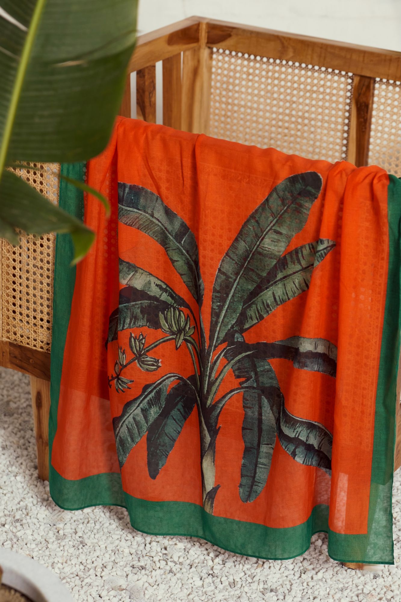 MALIBU-02 ORANGE RED COLOR SUSHI VOILE BANANA TREE PLACEMENT PRINT MULTI PURPOSE STOLE