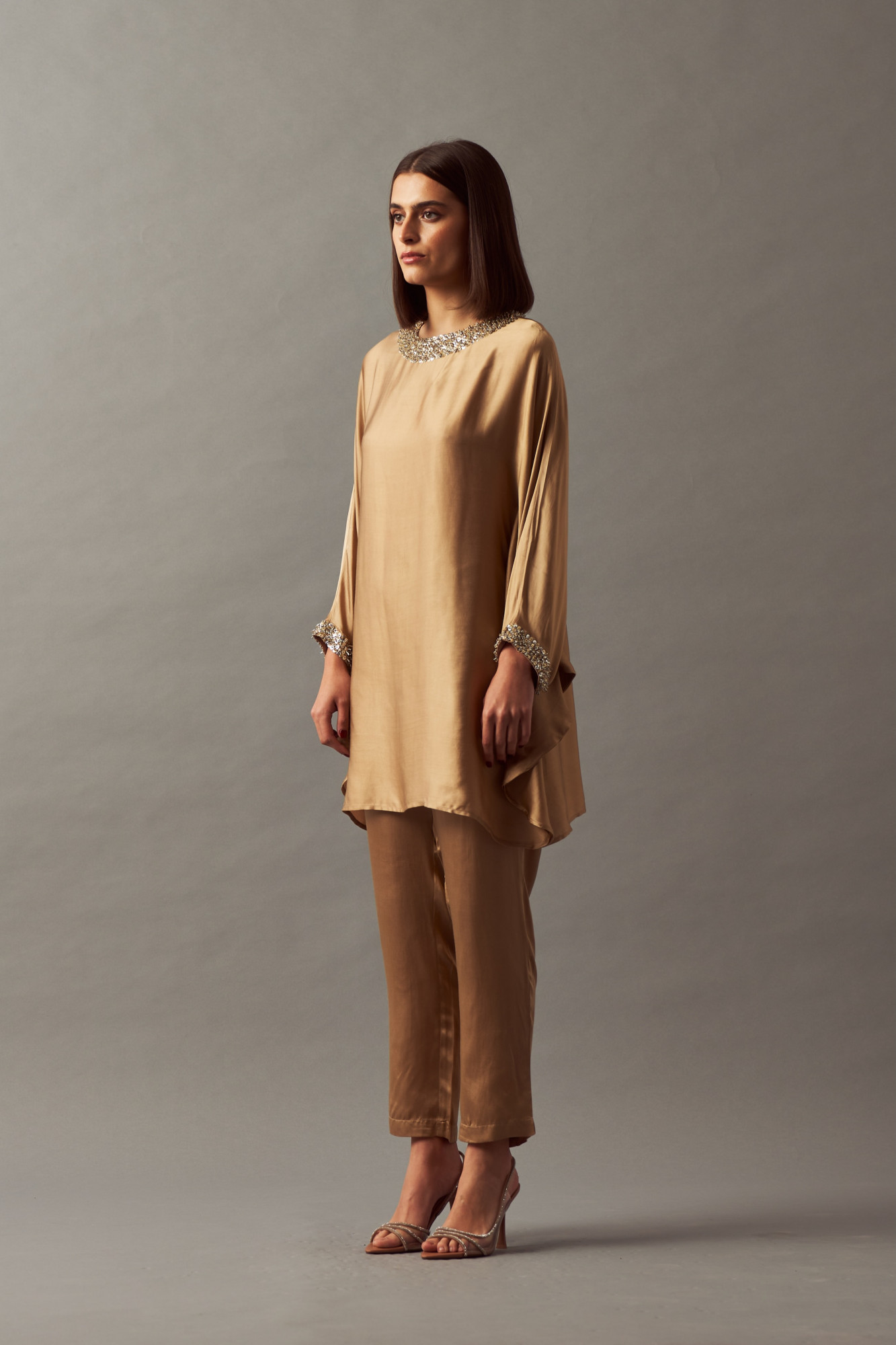 LEILA 02 GOLD COLOR KAFTAN TUNIC AND PANTS CO-ORD SET